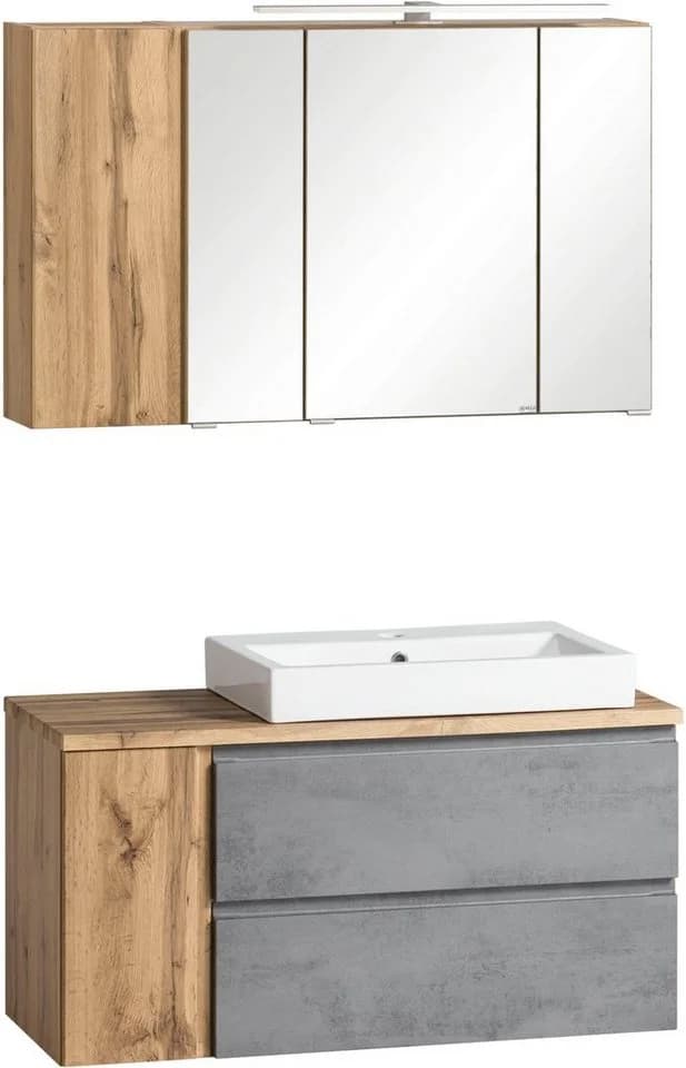 WELLTIME Badmöbel-Set Sölden Grau Oxid Beton mit LED Spiegelschrank