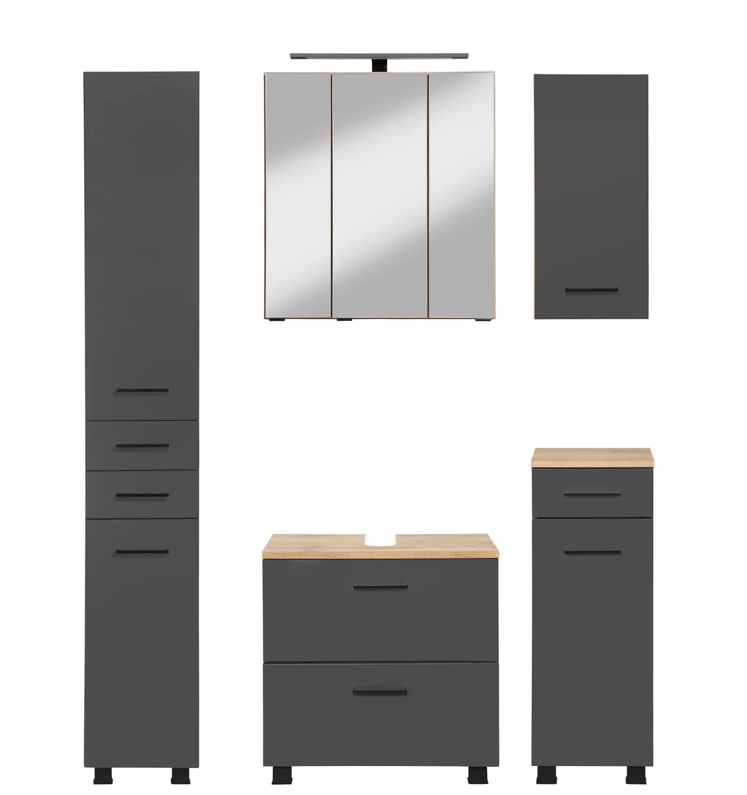 WELLTIME Badmöbel-Set Trento Grau Wotaneiche mit LED-Spiegelschrank