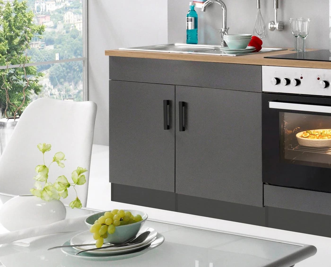 Kochstation Spülenschrank Toronto 100 cm Anthrazit Holzwerkstoff