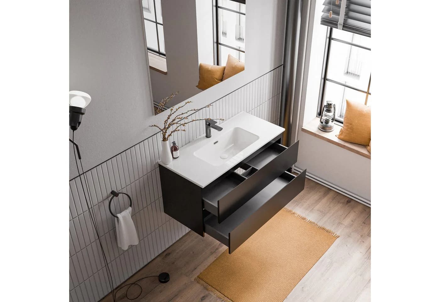 AVA Waschtischunterschrank 100cm mit Keramik-Waschbecken Schwarz matt