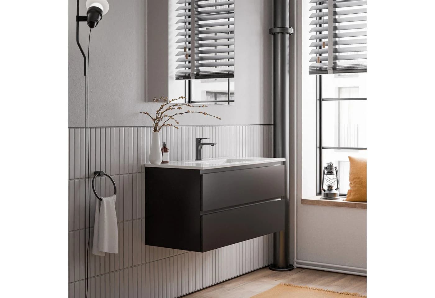 AVA Waschtischunterschrank 100cm mit Keramik-Waschbecken Schwarz matt - Bild 2