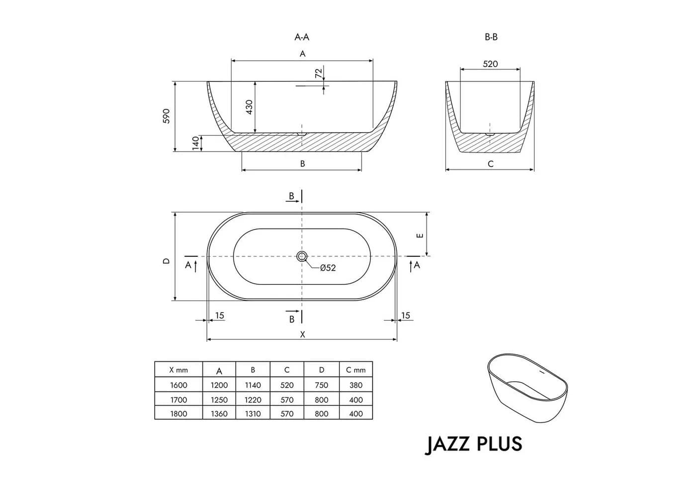 Bernstein Badewanne JAZZ PLUS 2.0 - Freistehend Oval Acryl - Bild 4