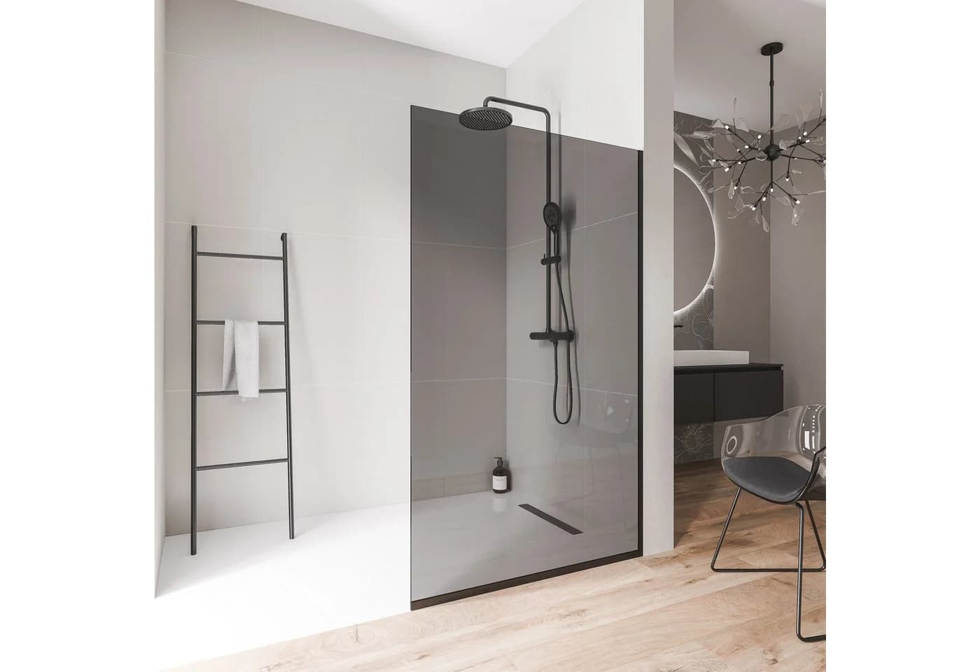Bernstein Walk-in-Dusche EX102 90x200cm Schwarz matt Grauglas