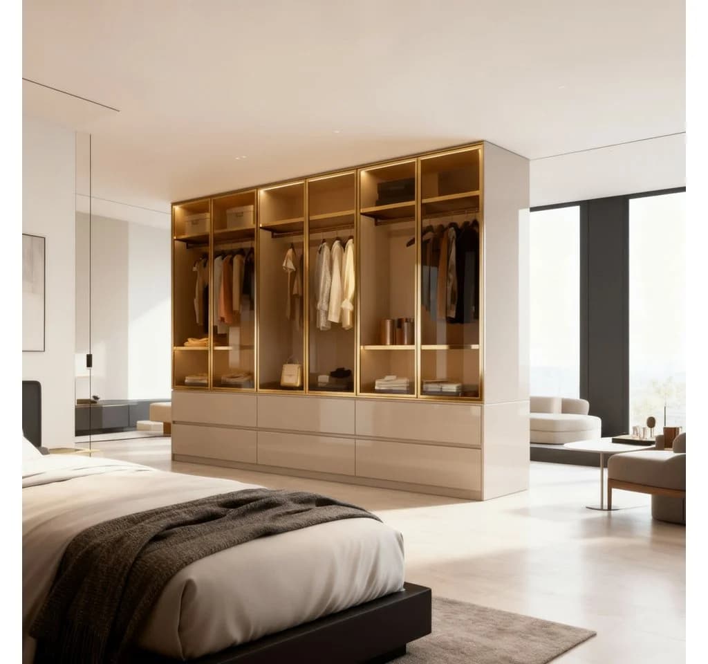 Palms-Store Kleiderschrank Luxemburg 6-Türig Beige/Gold Hochglanz