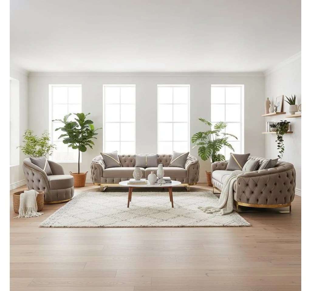 Palms-Store Sofa Set MIRA mit Knopfheftung 5 Farben 3-Sitzer + 3-Sitzer + Sessel
