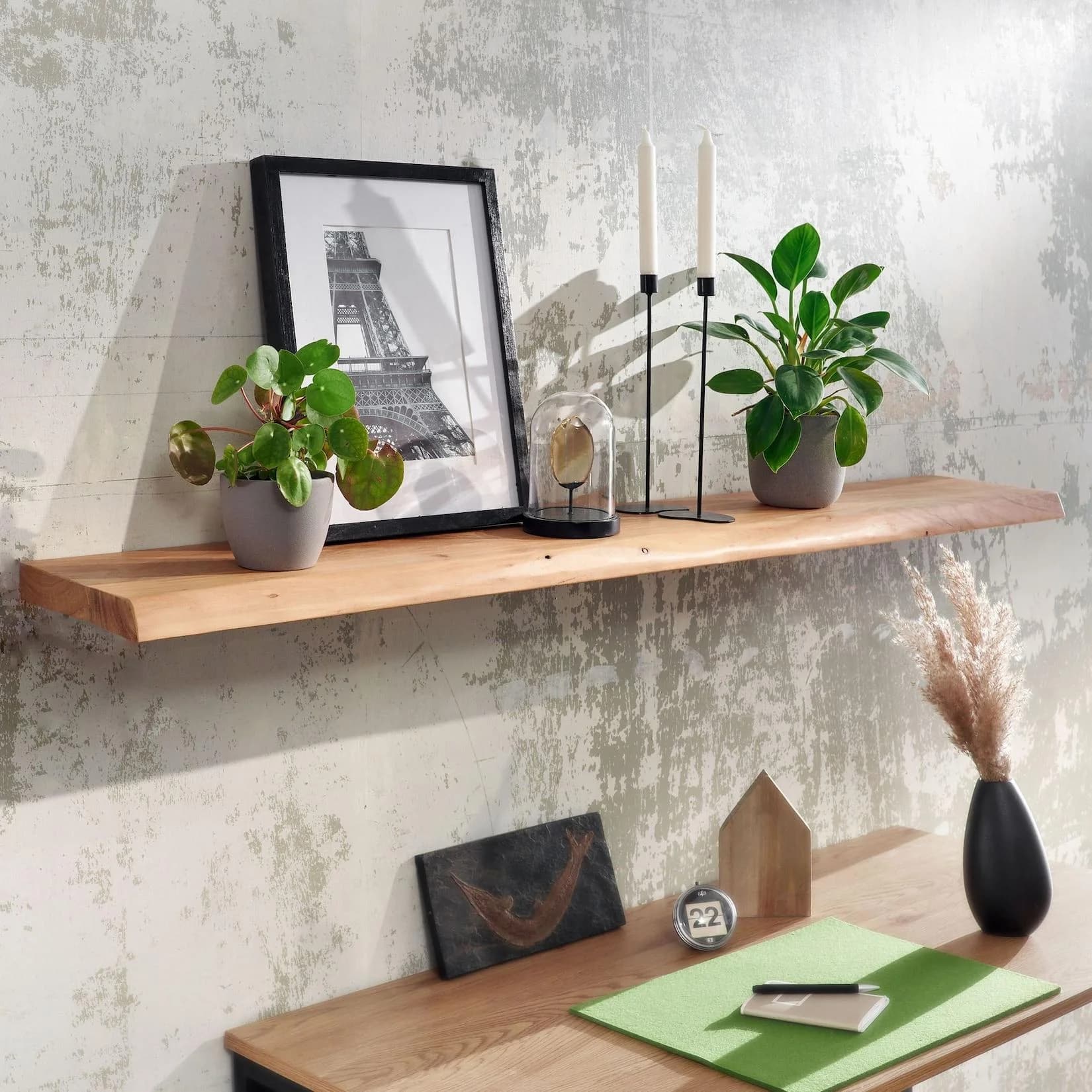 KADIMA DESIGN Massives Akazienholz Wandregal 140 cm Baumkante