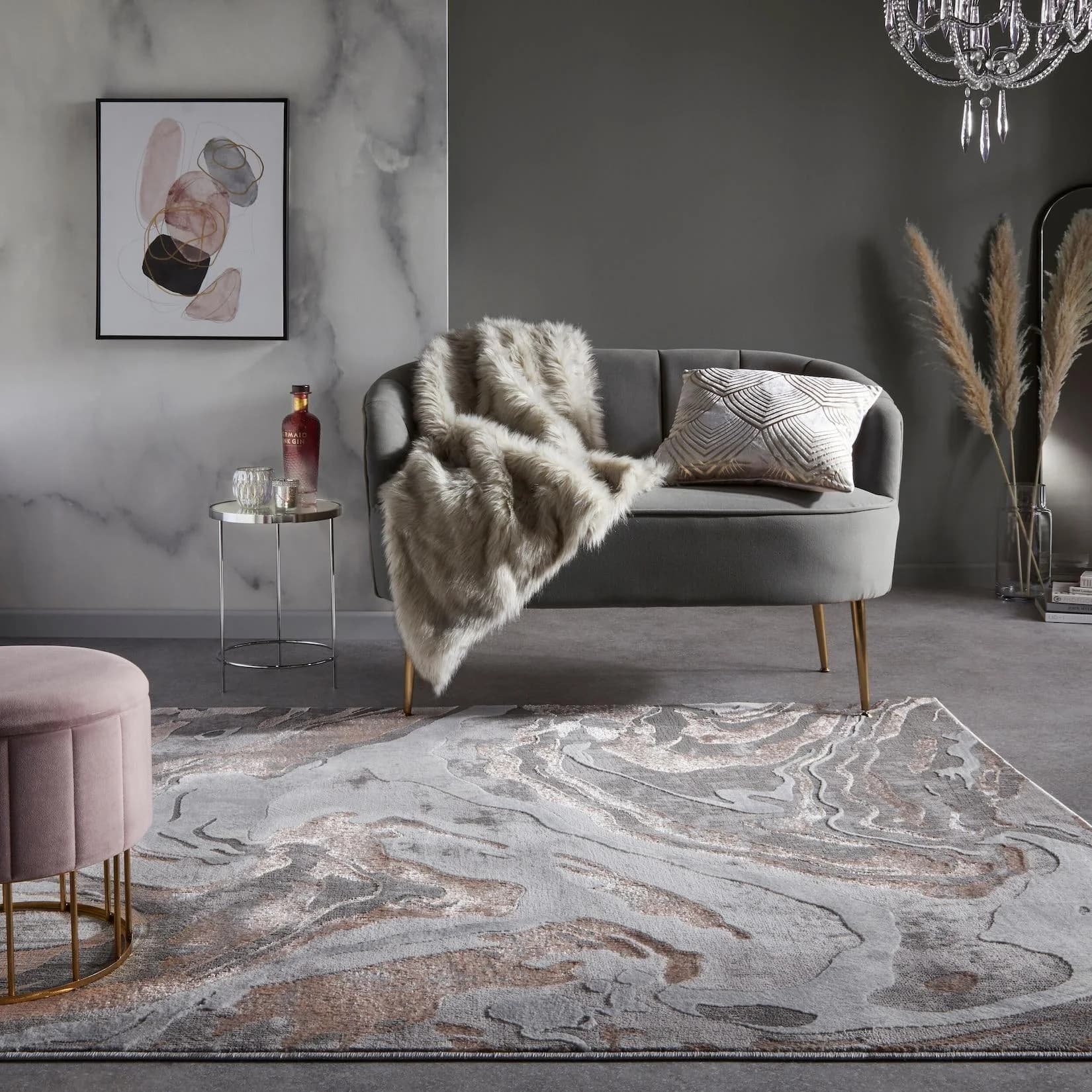Kadima Design Strukturteppich OUSE Rosa-Grau Marmor Wirbel