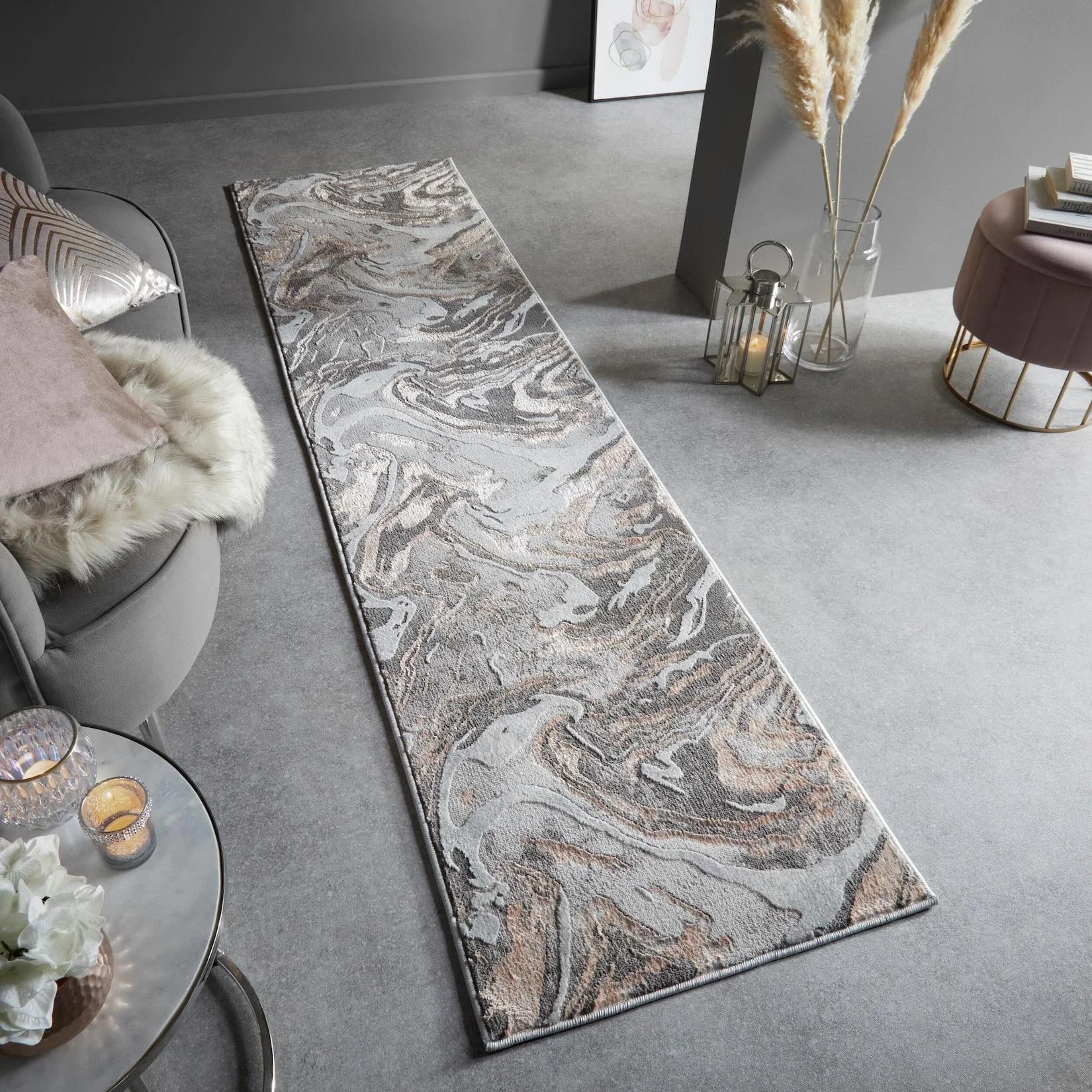 Kadima Design Teppich-Läufer OUSE Rosa Grau Marmor Wirbel