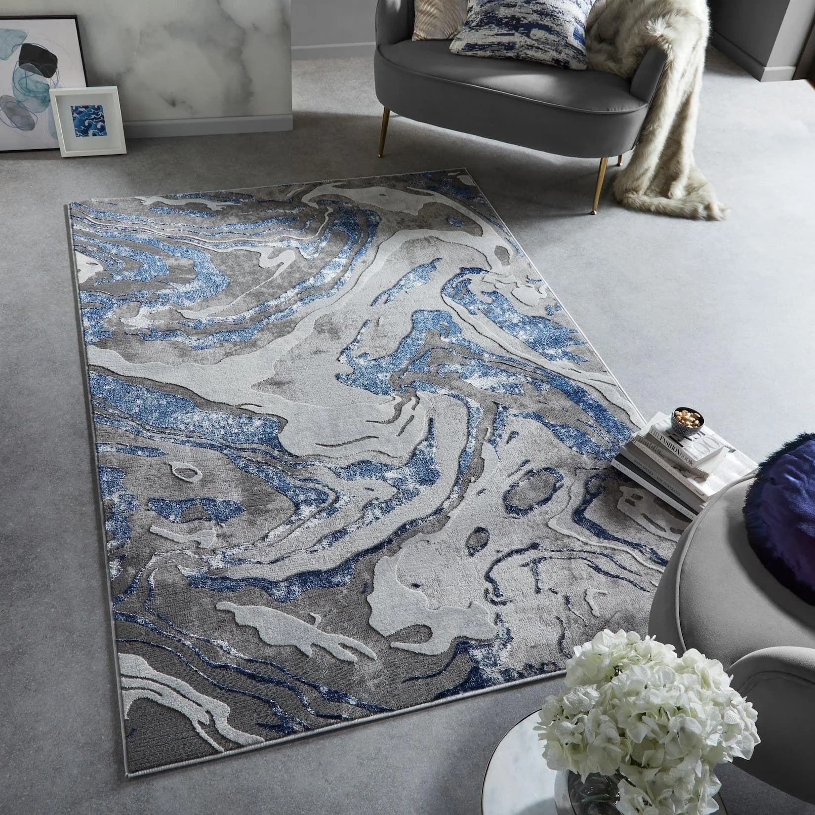 Kadima Design Teppich OUSE Blau-Grau Marmor Wirbel Mittelflor