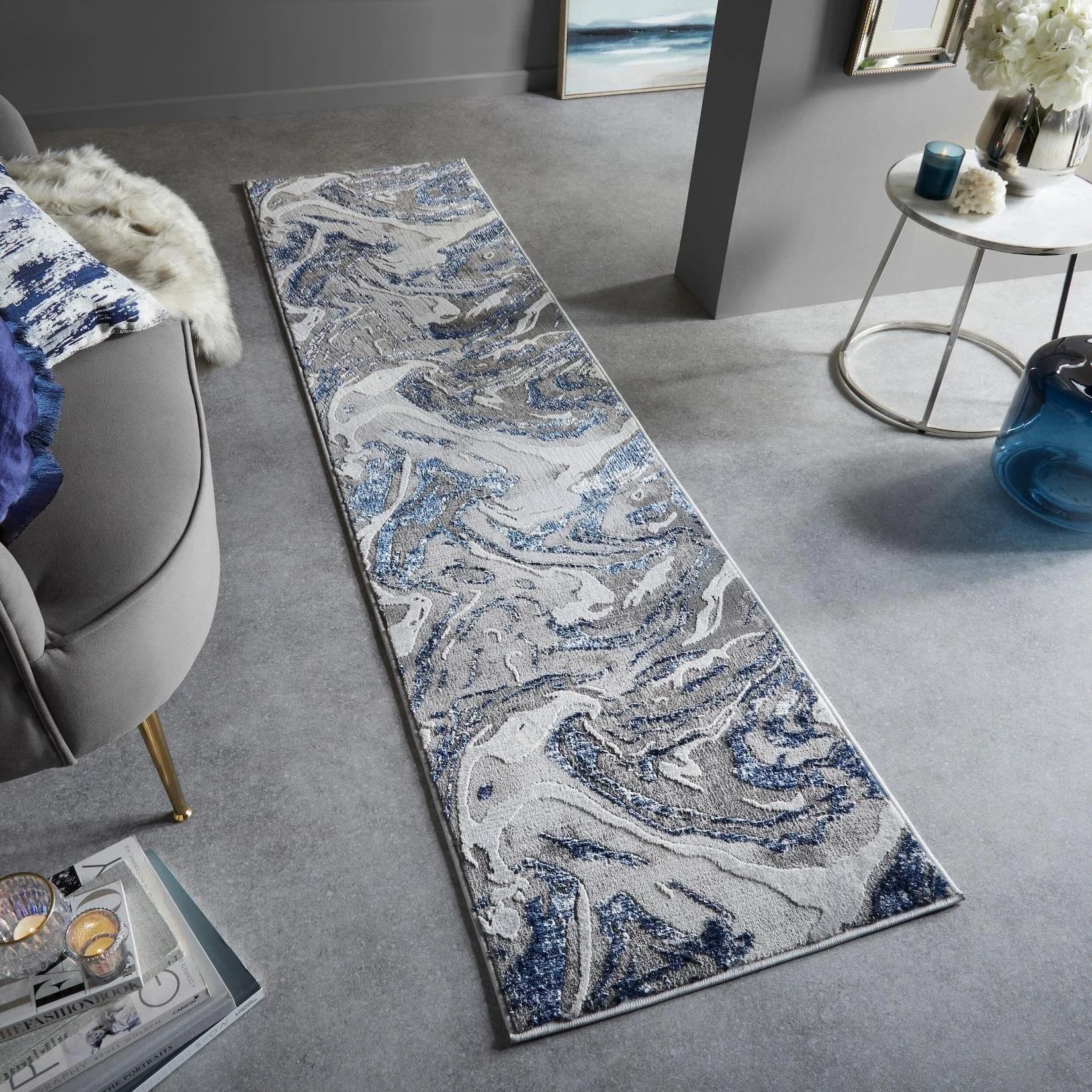 Kadima Design Teppich-Läufer OUSE Blau-Grau Marmor-Wirbel