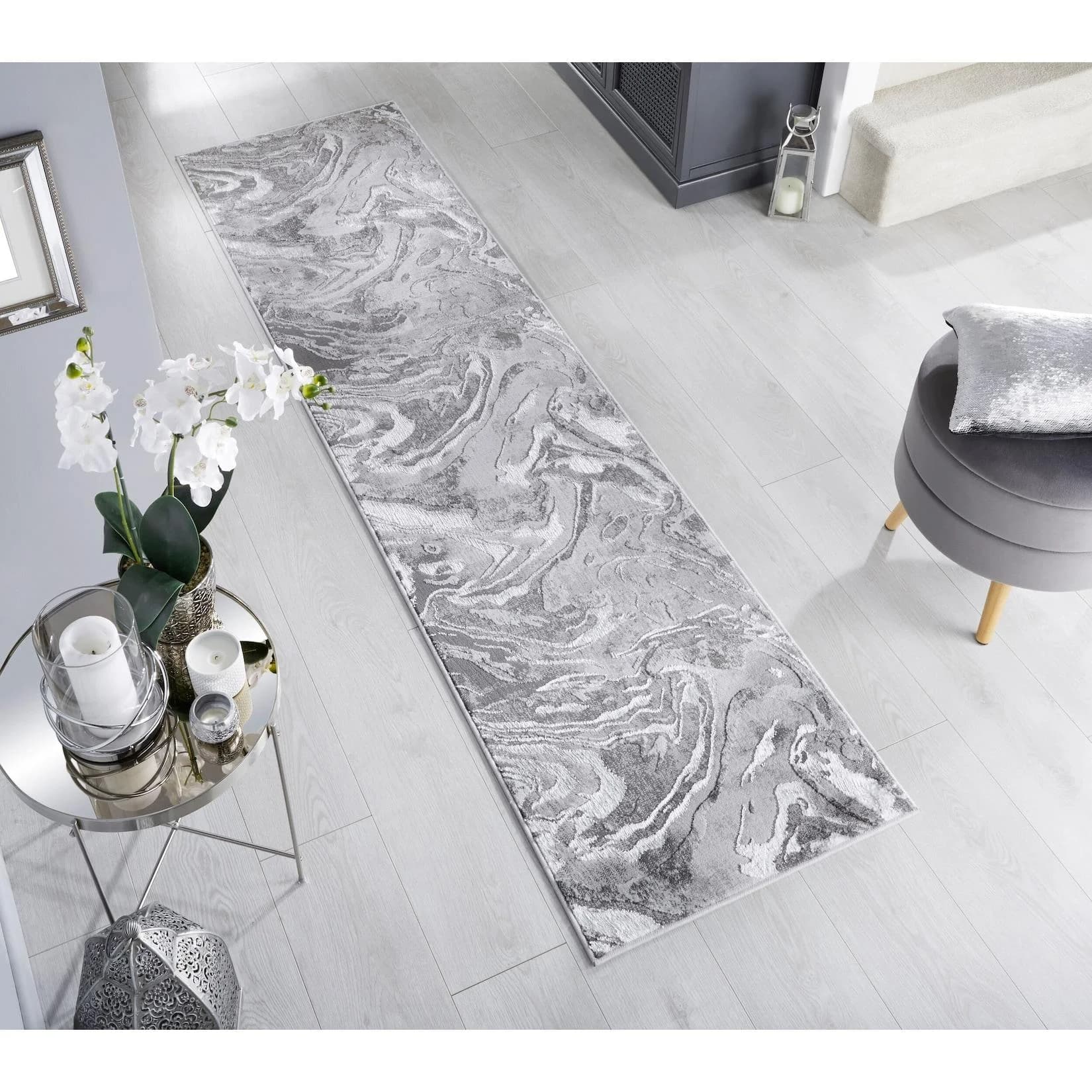 Kadima Design Teppich-Läufer OUSE Silber Marmorwirbel Mittelflor
