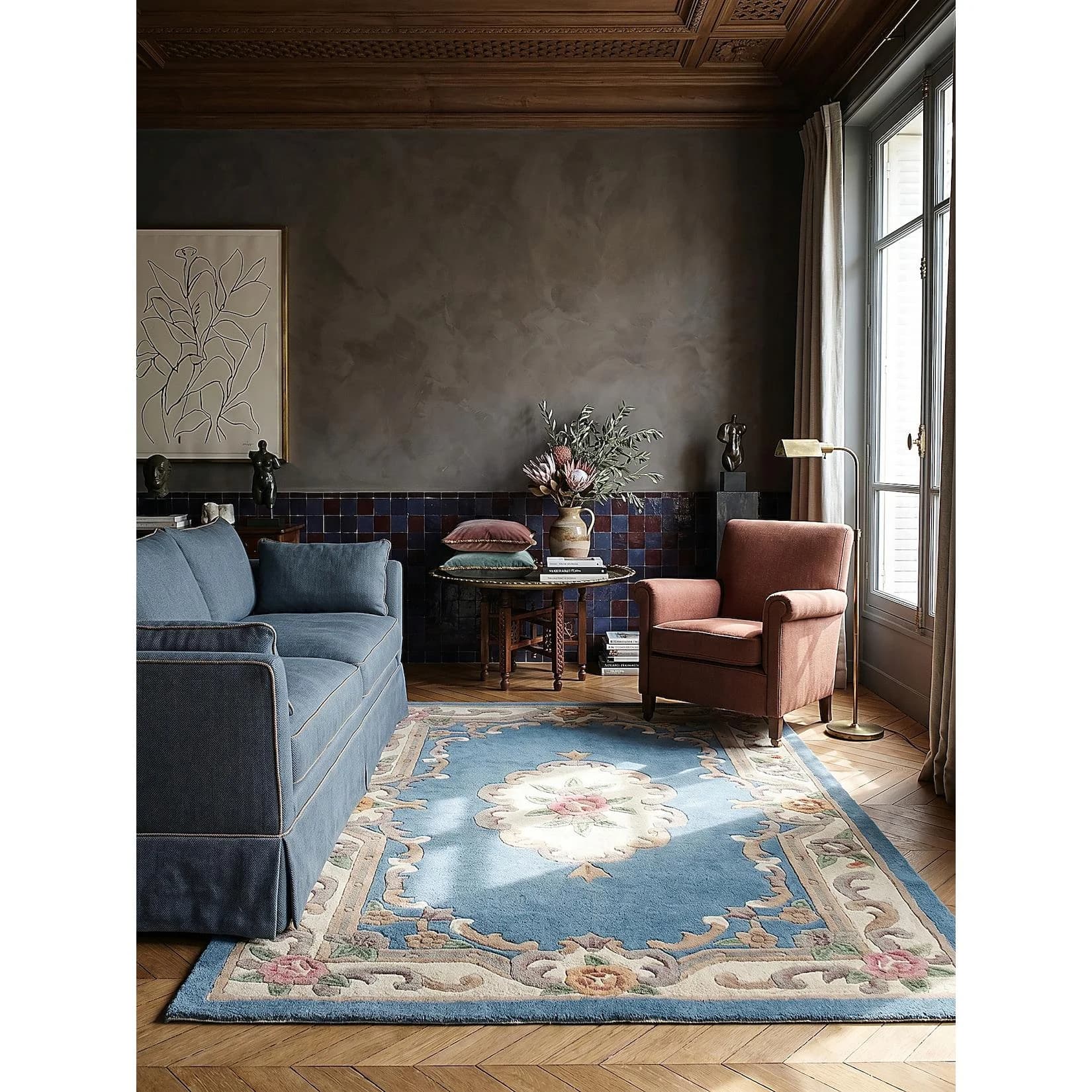 Kadima Design Wollteppich BEAULY Aubusson Blau-Beige Vintage