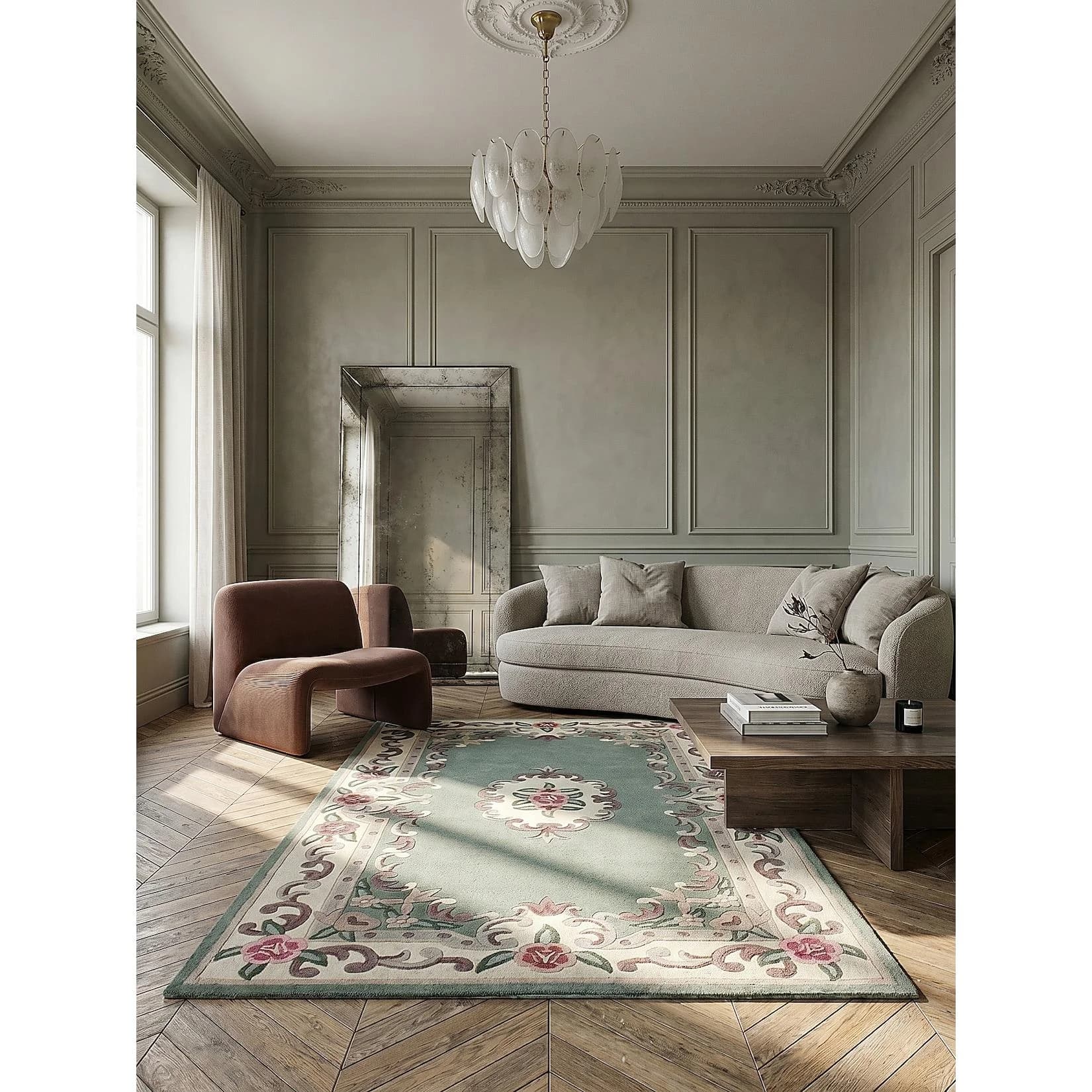 Kadima Design Wohnzimmerteppich BEAULY Grün-Beige Aubusson Wolle