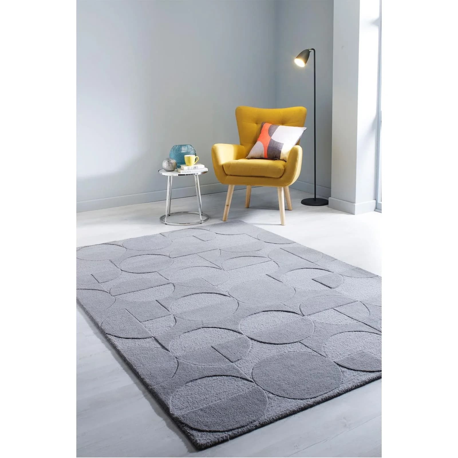 Kadima Design DEBEN Wollteppich Grau Kreis-Relief Kurzflor