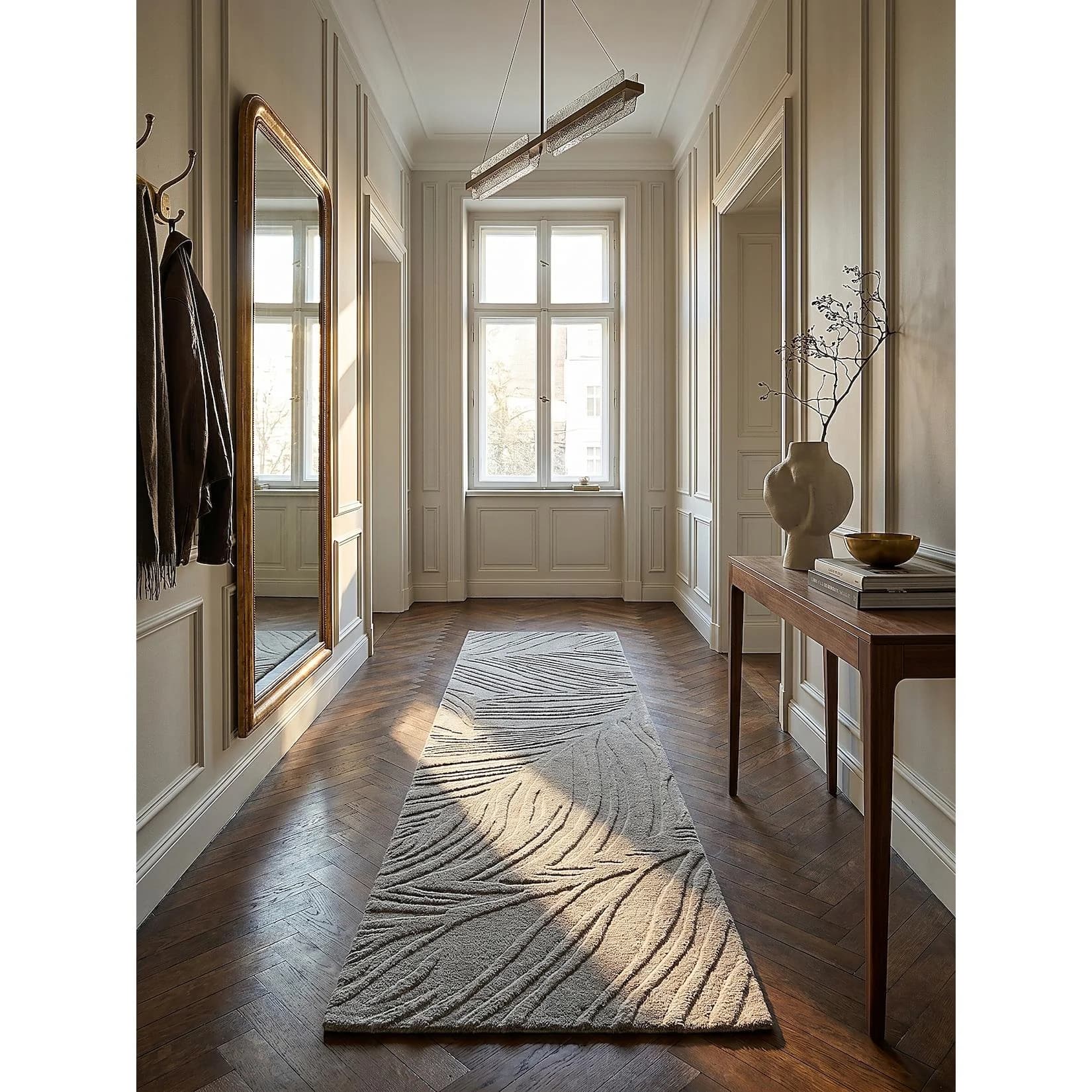Kadima Design Teppich-Läufer LEVEN Grau Blattrelief Wolle