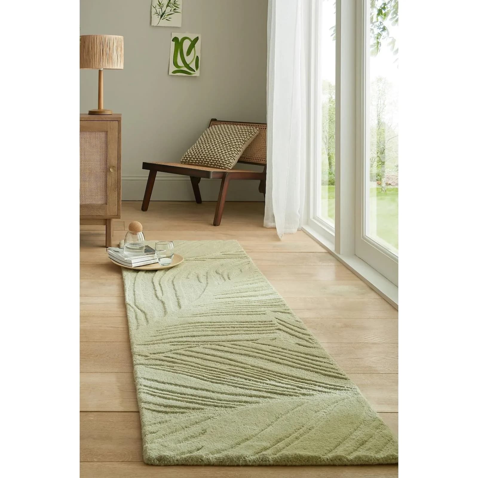 Kadima Design Teppich-Läufer LEVEN Blattrelief Wolle Grün-Beige