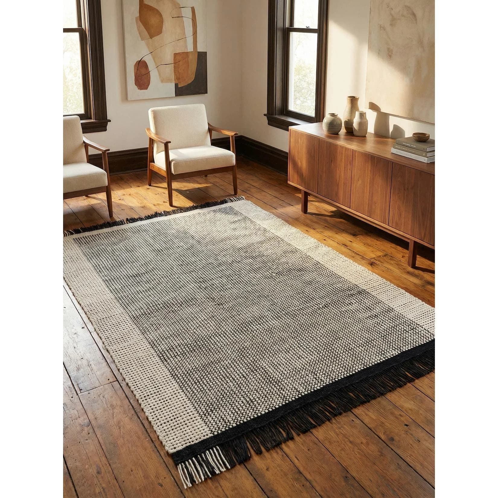 Kadima Design Wollteppich Handgewebt Korbmuster Schwarz-Weiß