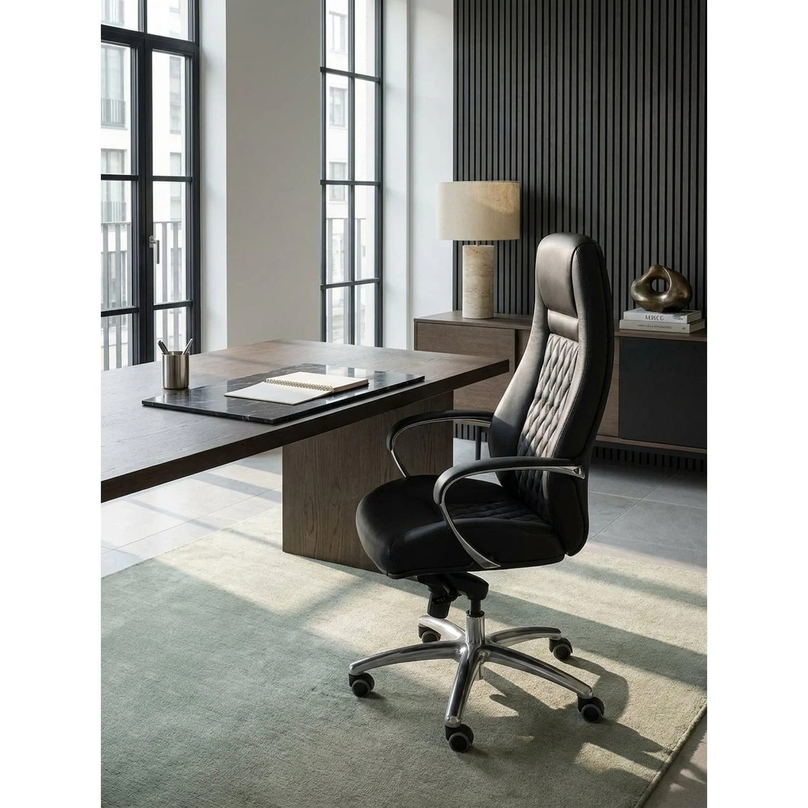 KADIMA DESIGN Bürostuhl AUSTIN Echtleder Schwarz mit Kopfstütze
