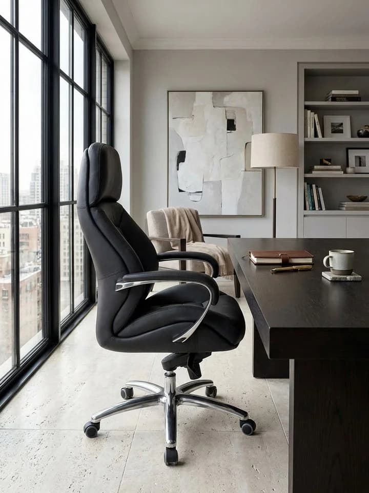 KADIMA DESIGN Chefsessel Designer Bürostuhl Bezug Echtleder Schwarz XXL Design Chefsessel höhenverstellbar Drehstuhl ergonomisch mit Armlehnen hoher Rückenlehne Wippfunktion