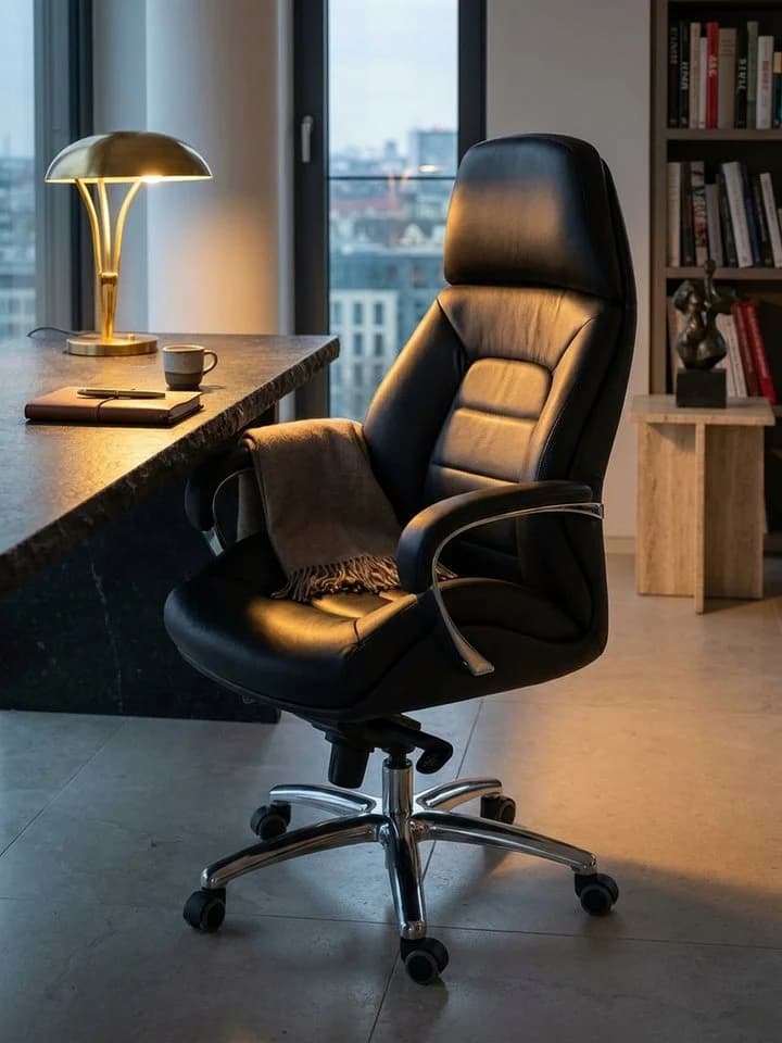 KADIMA DESIGN Chefsessel Designer Bürostuhl Bezug Echtleder Schwarz XXL Design Chefsessel höhenverstellbar Drehstuhl ergonomisch mit Armlehnen hoher Rückenlehne Wippfunktion - Bild 4