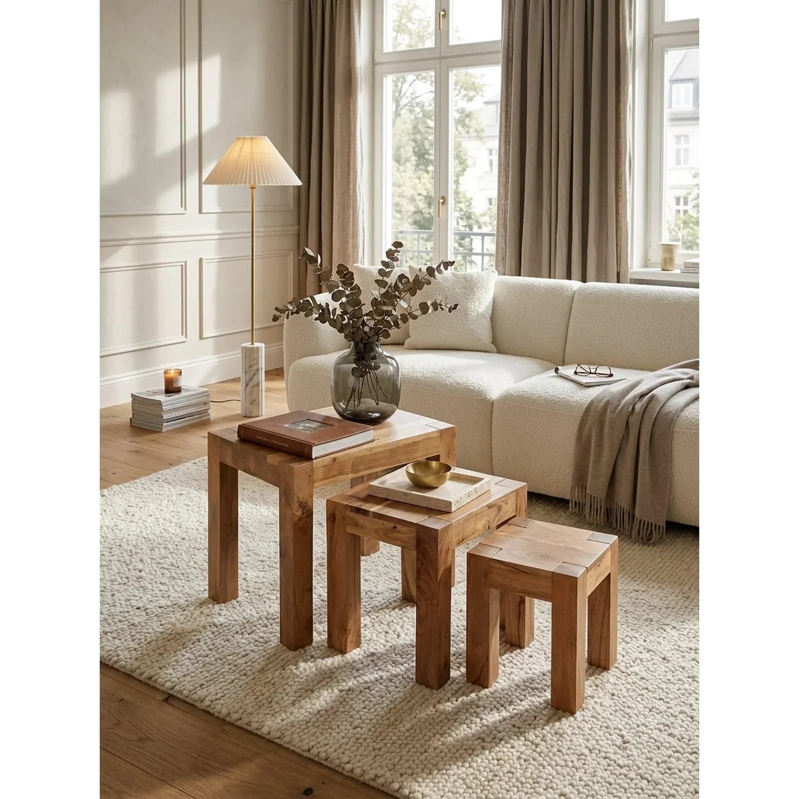 KADIMA DESIGN Beistelltisch 3er Set Massivholz Landhausstil Akazie