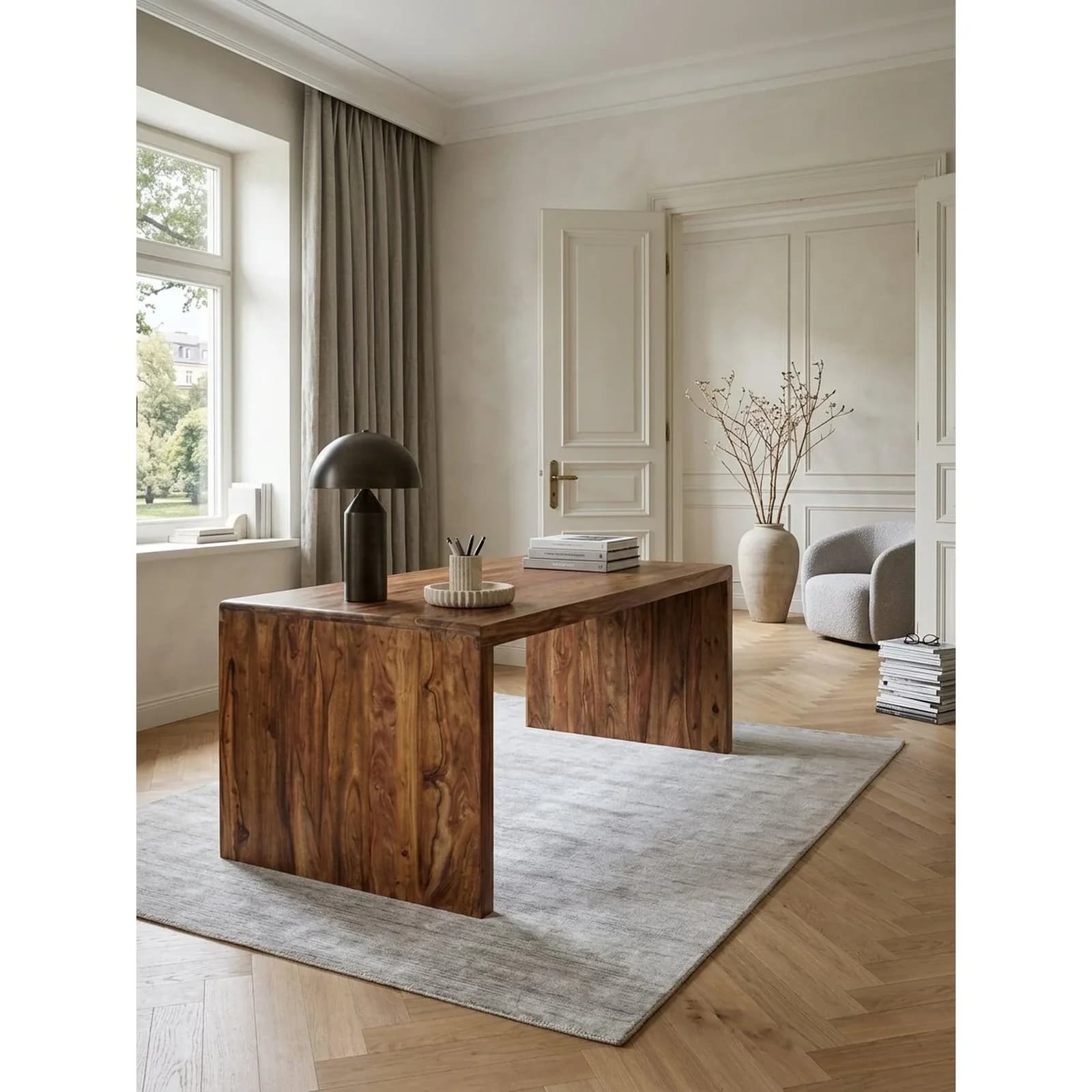 KADIMA DESIGN Schreibtisch Massivholz Ablage Landhausstil BOHA Dunkelbraun