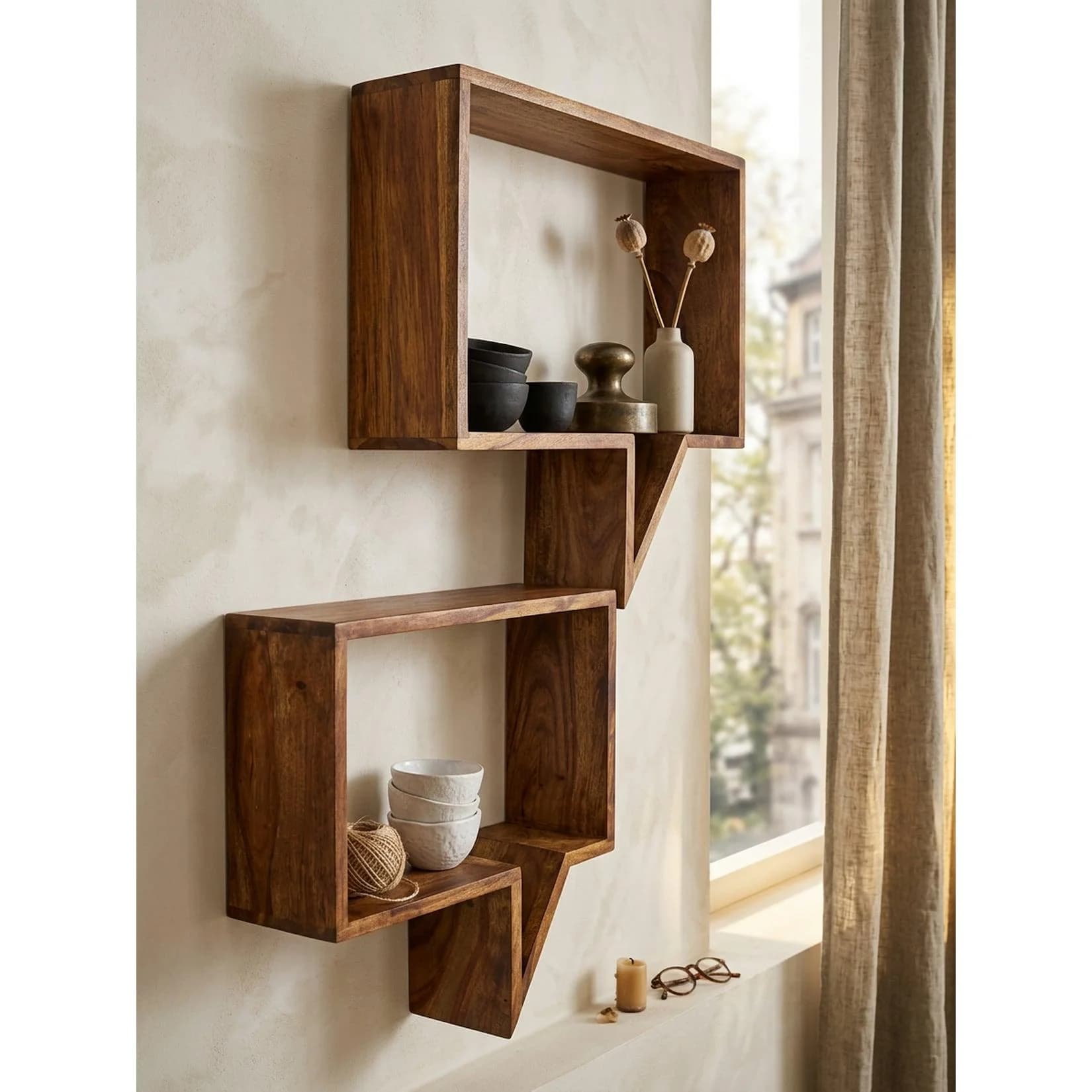 KADIMA DESIGN Wandregal Set MUMBAI Massivholz Landhausstil Dunkelbraun