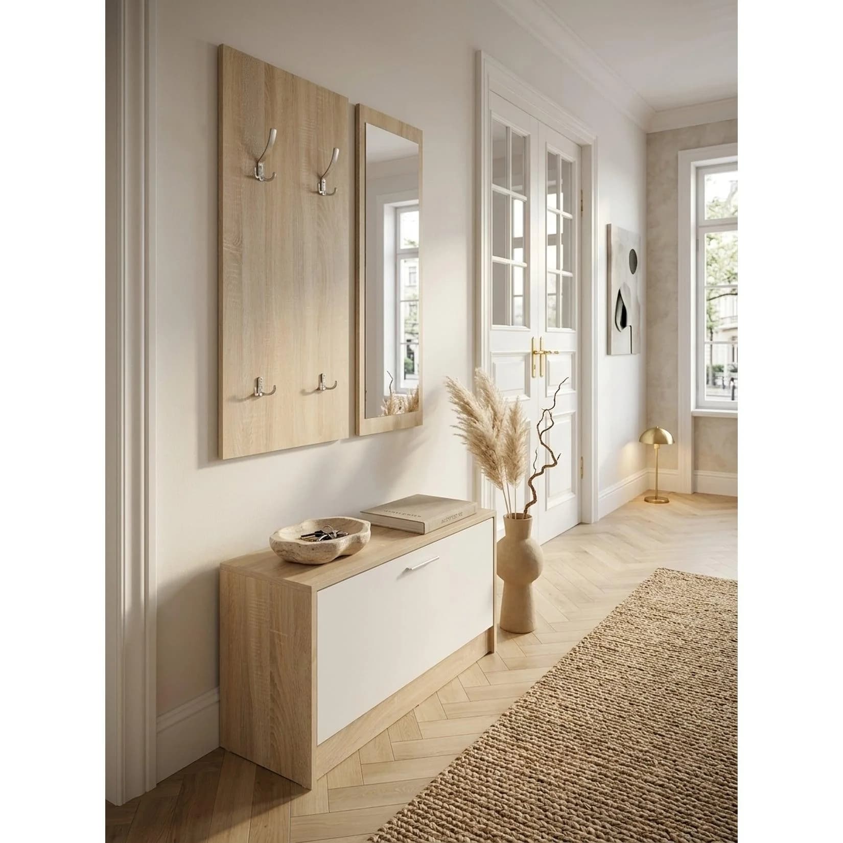 KADIMA DESIGN Wandgarderobe SALERNO mit Spiegel und Schuhschrank Sonoma