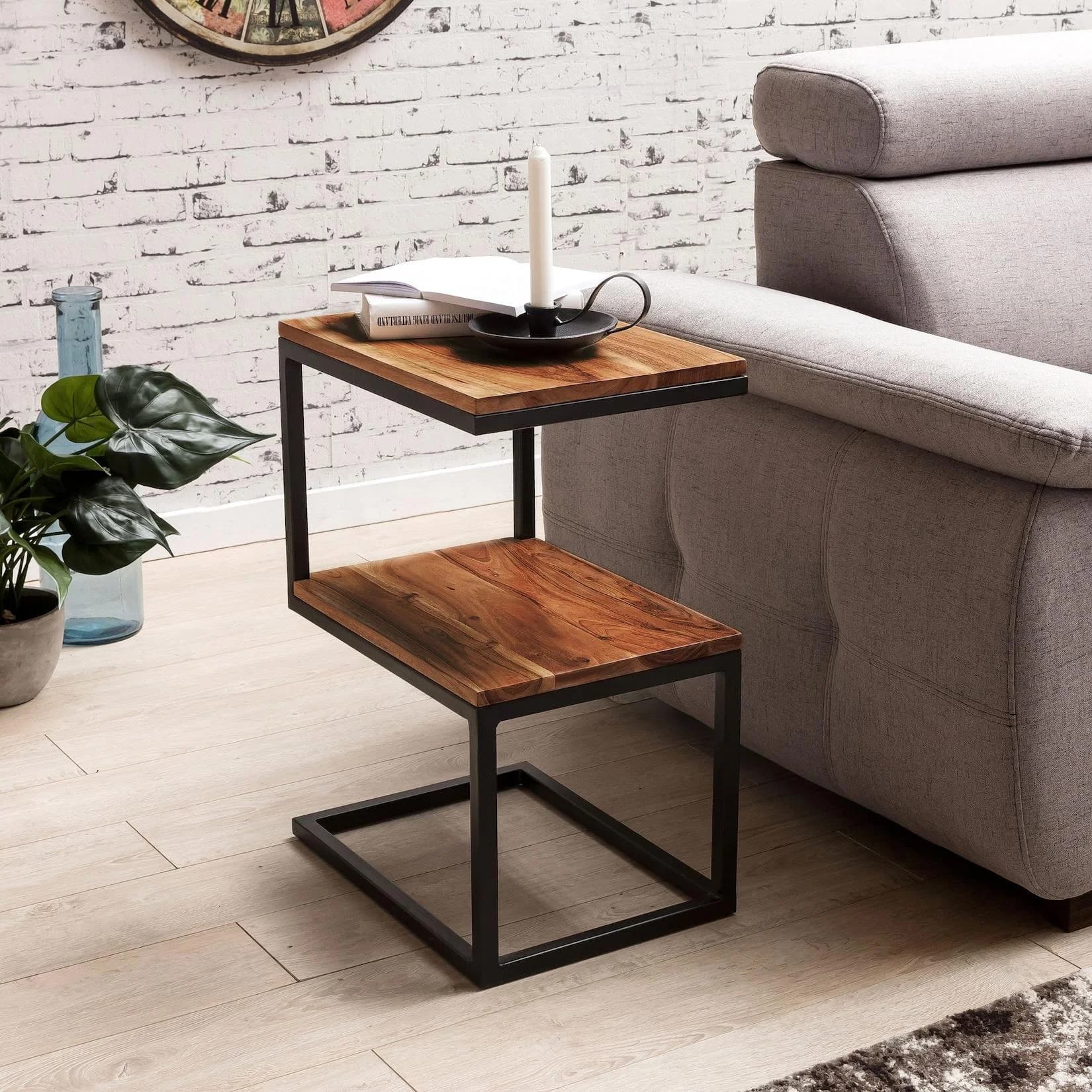 KADIMA DESIGN Beistelltisch S-Form Massivholz Metall Dunkelbraun