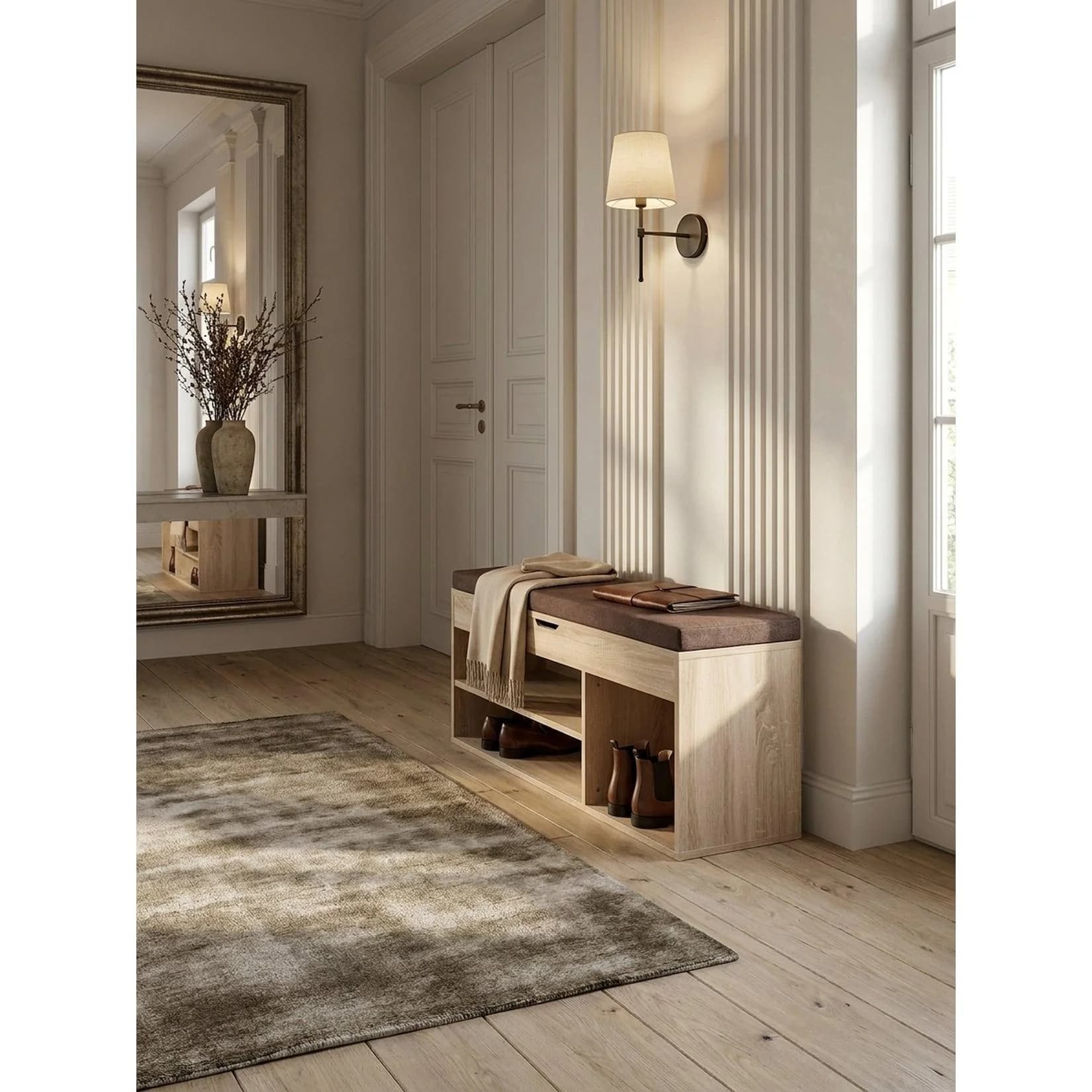 KADIMA DESIGN Schuhbank Holz gepolstert mit Stauraum, Sonoma
