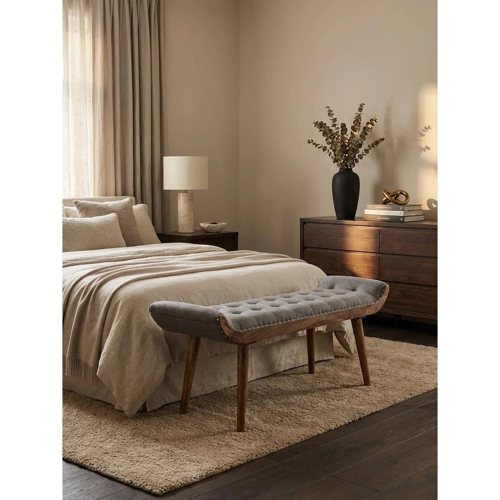 KADIMA DESIGN Sitzbank Stoff/Massivholz Grau Chesterfield-Design