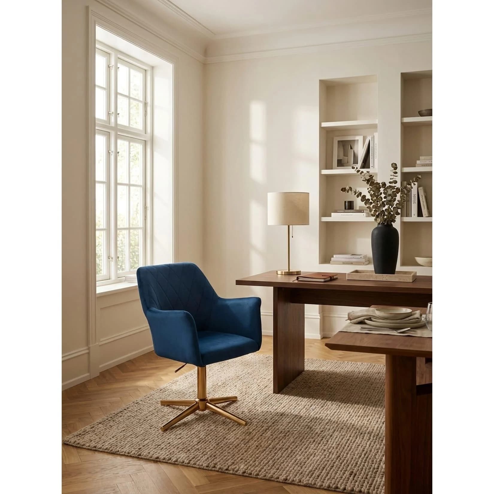 KADIMA DESIGN Samtsessel Blau mit Rautensteppung und goldenem Sternfuß