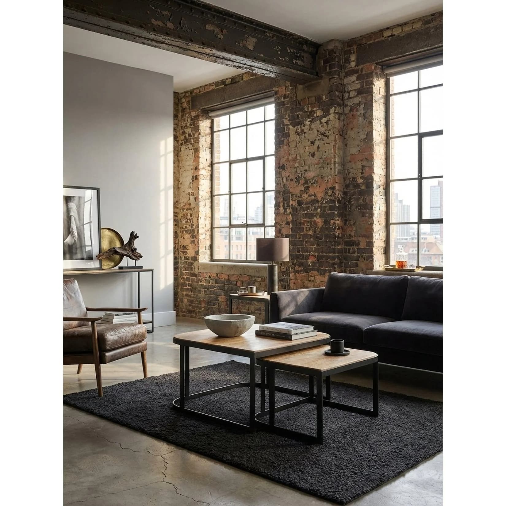 2er Set Couchtische Mango Massivholz Metall Industrial Rund