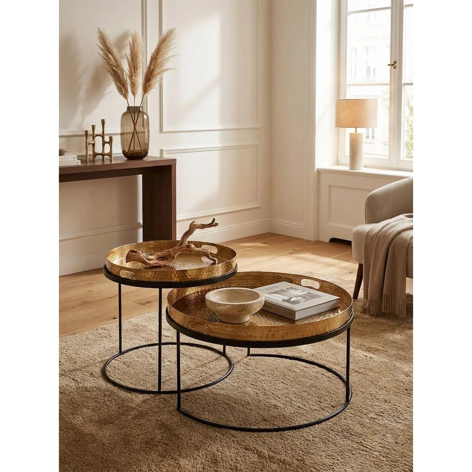 KADIMA DESIGN Couchtisch 2er Set Metall Rund Hammerschlag Gold