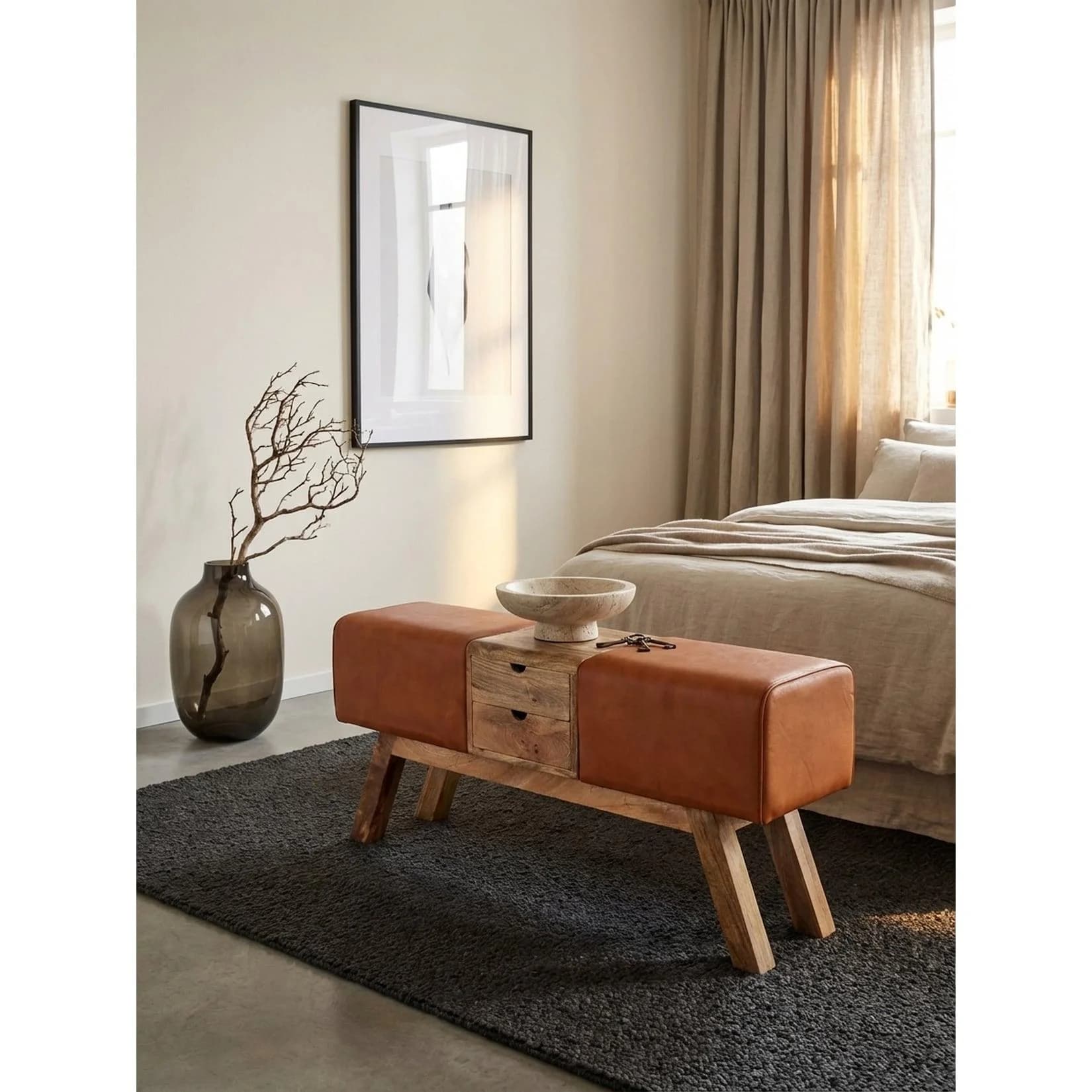 KADIMA DESIGN Sitzbank Leder/Massivholz Braun mit Schubladen
