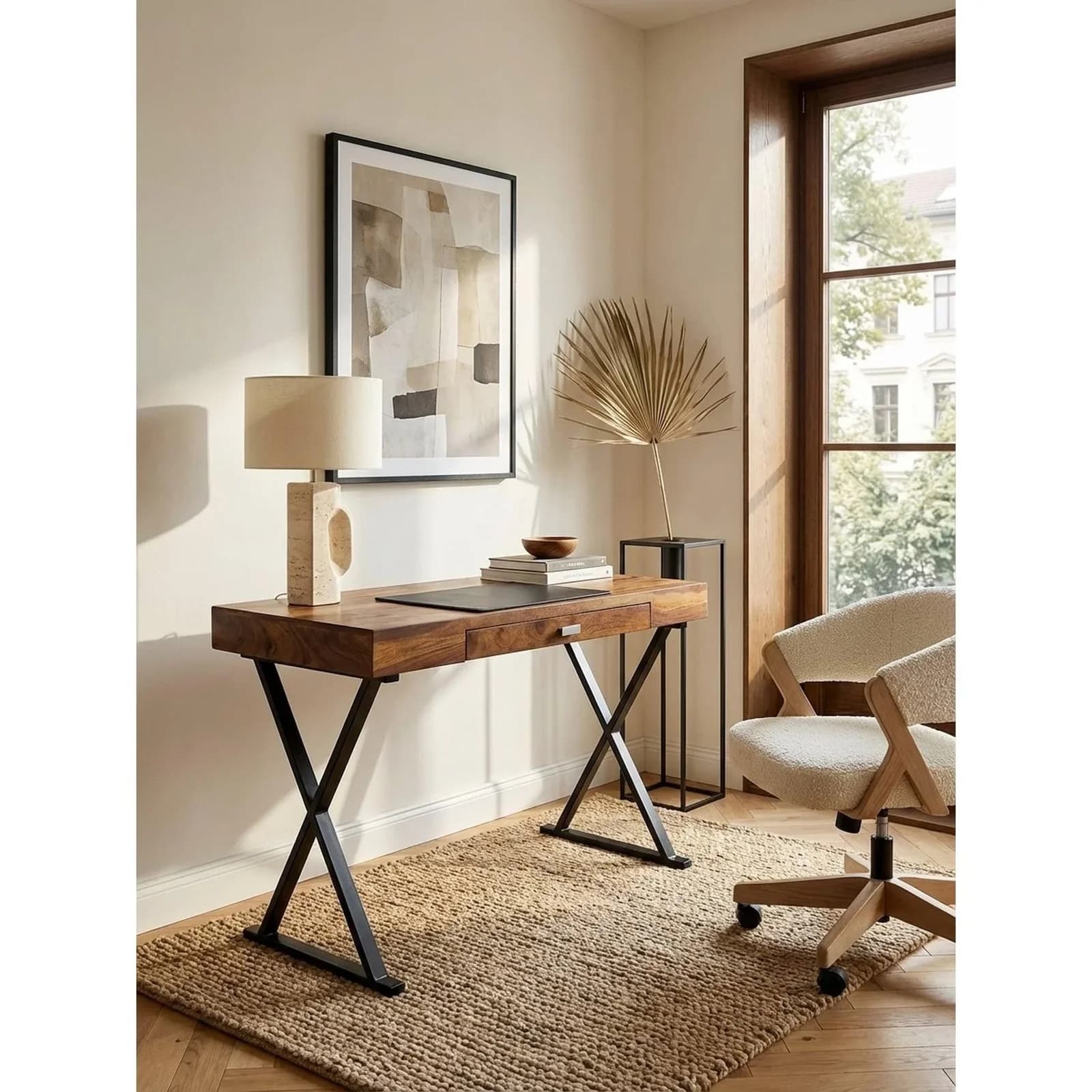 KADIMA DESIGN Schreibtisch Massivholz Metallgestell mit Schublade Braun-Schwarz