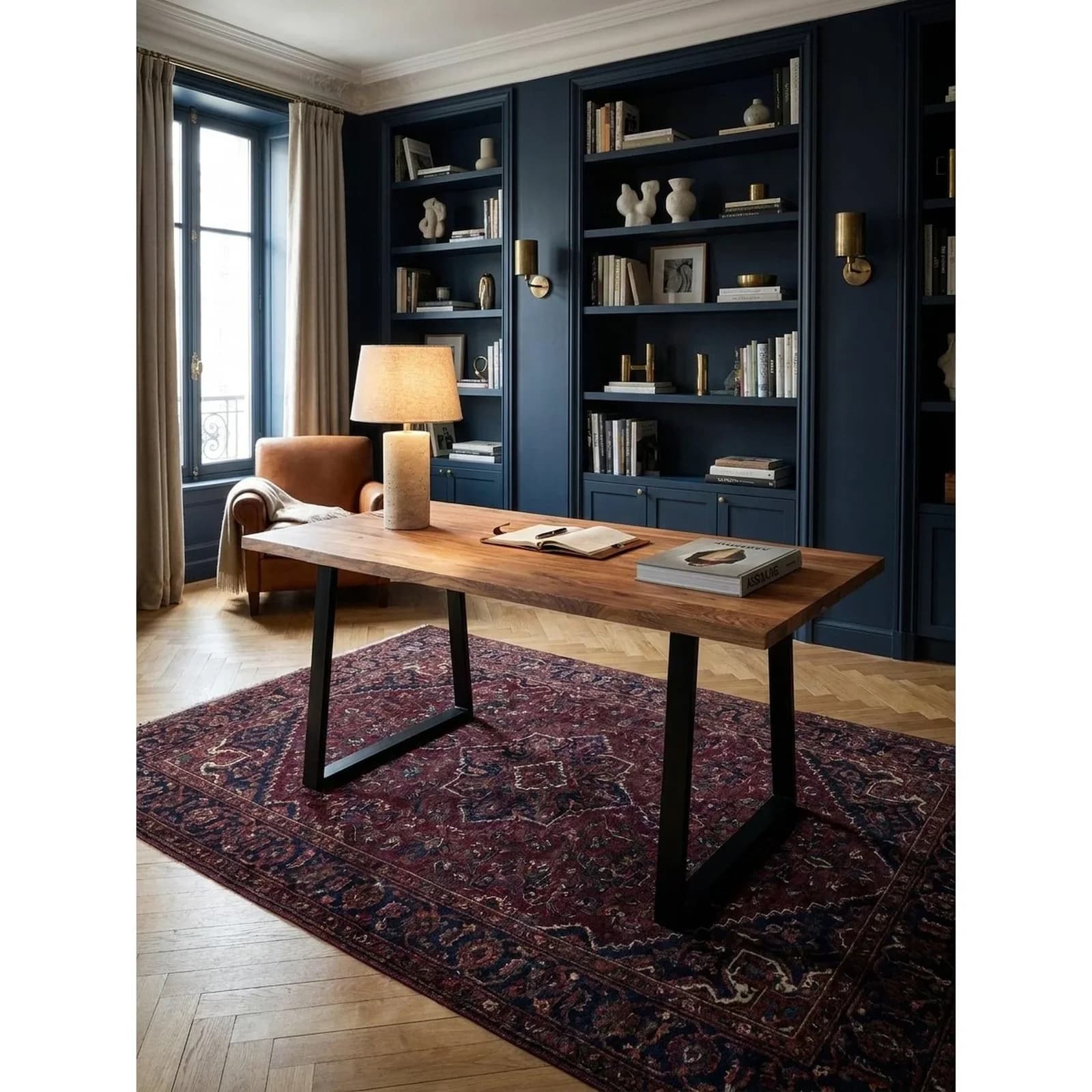 KADIMA DESIGN Schreibtisch Massivholz Akazie Baumkante Trapezgestell