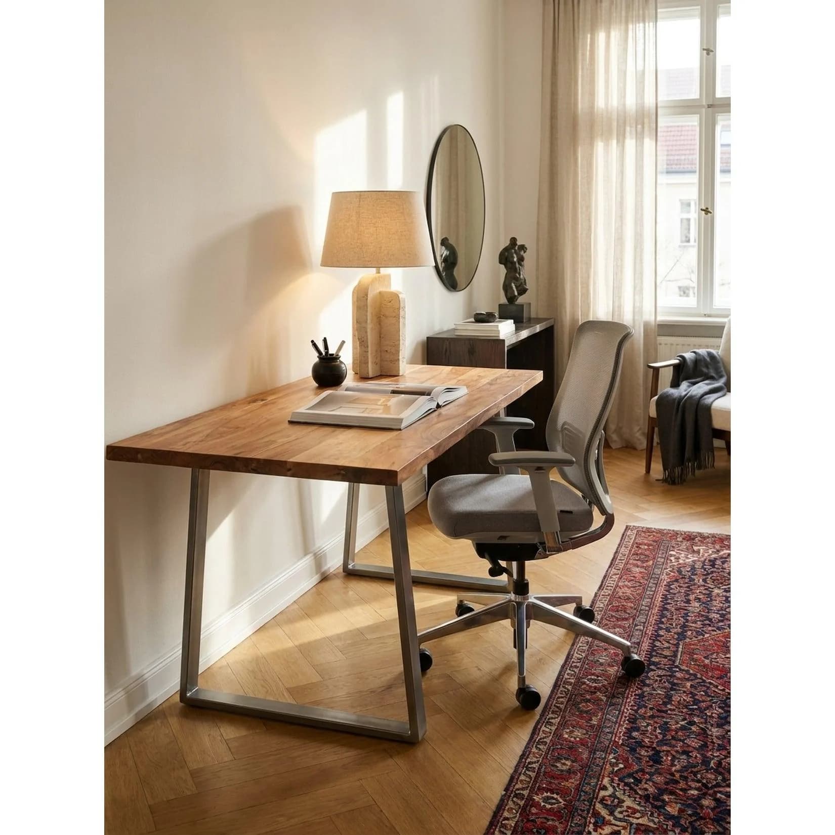 KADIMA DESIGN Schreibtisch Massivholz Akazie mit Trapezgestell