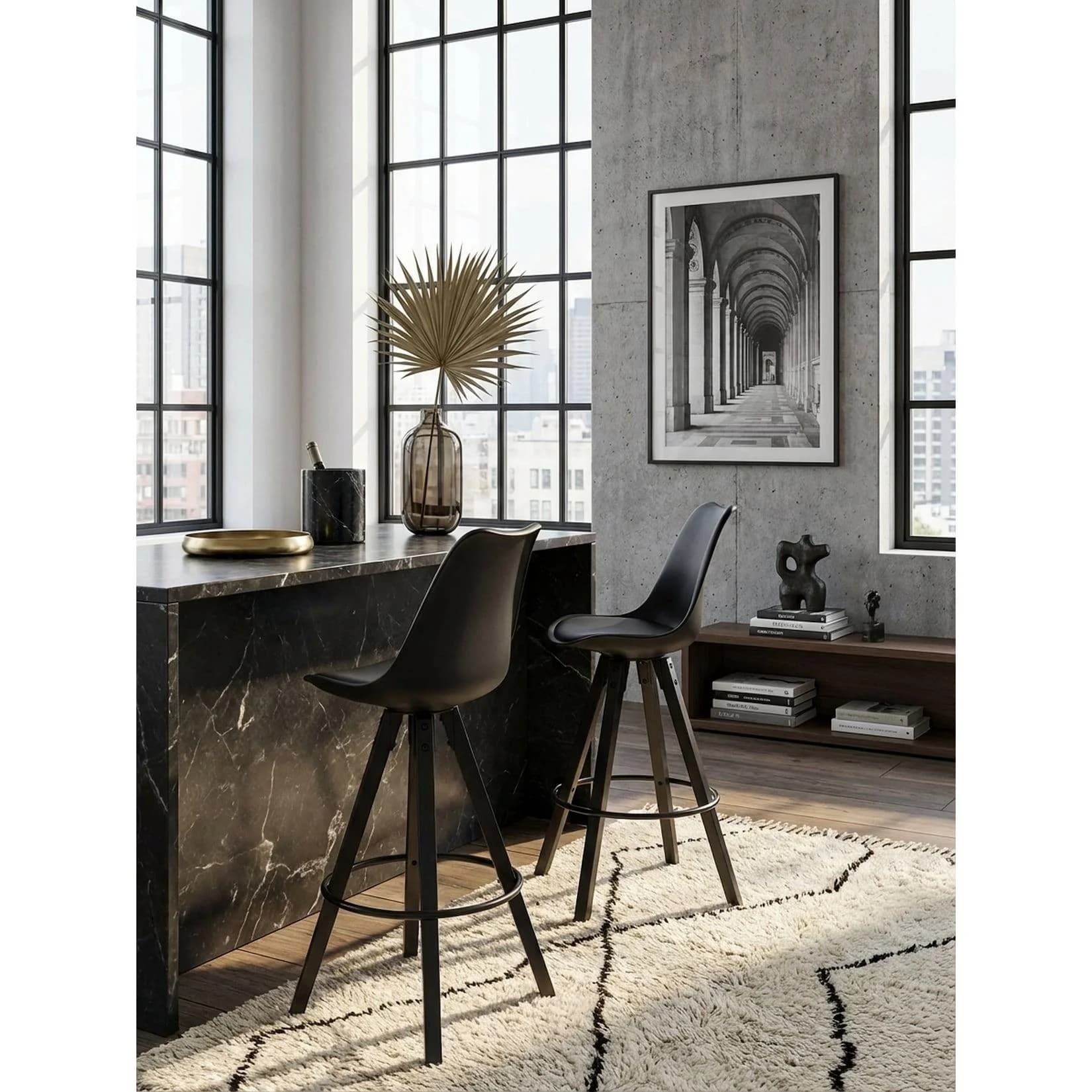 KADIMA DESIGN Barhocker Set 2 Stück Schwarz Kunstleder Massivholz Skandinavisch
