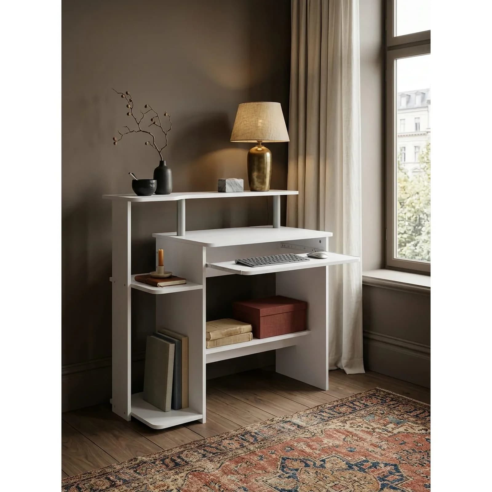 KADIMA DESIGN Schreibtisch Weiß mit Tastaturauszug und Druckerablage