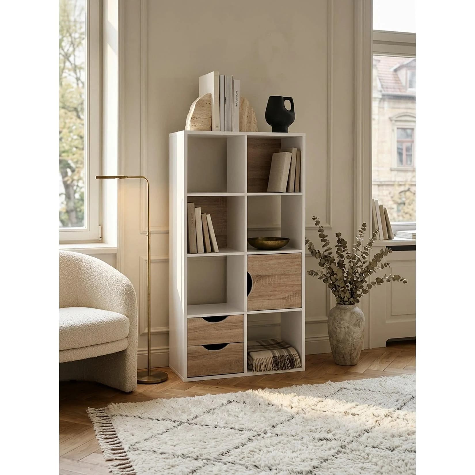 KADIMA DESIGN Bücherregal Weiß/Sonoma Eiche mit Schubladen und Tür