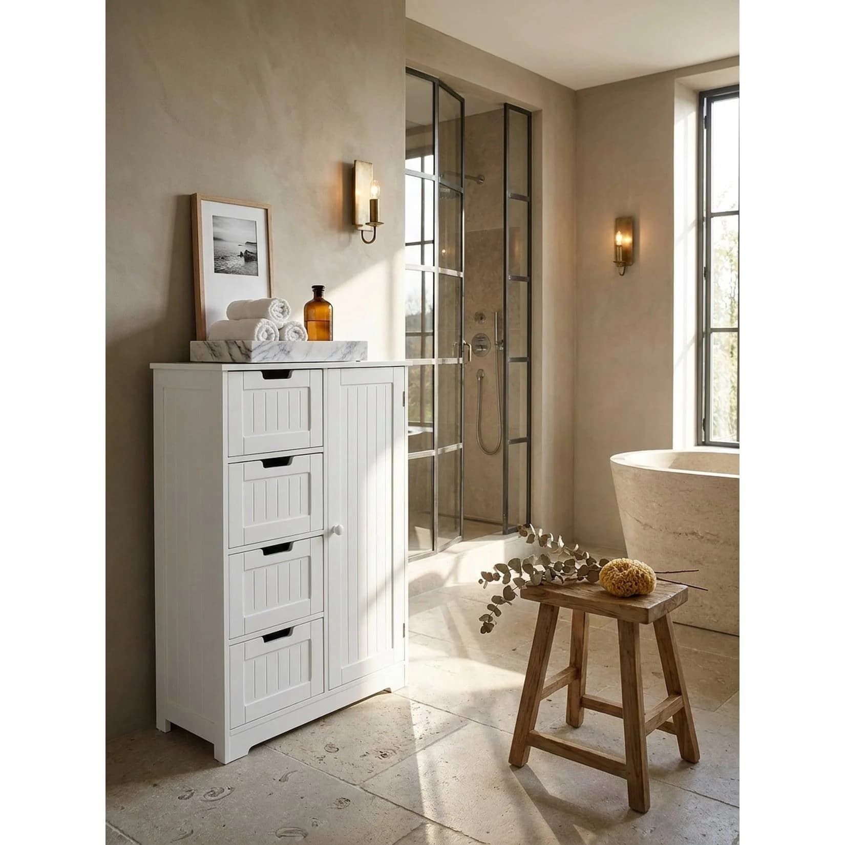 KADIMA DESIGN Badschrank Weiß Landhausstil 4 Schubladen 1 Tür