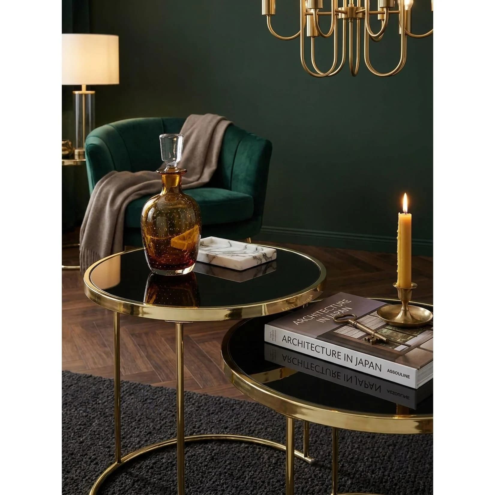 KADIMA DESIGN Beistelltisch Set 2-tlg. Glas Metall Schwarz-Gold Rund