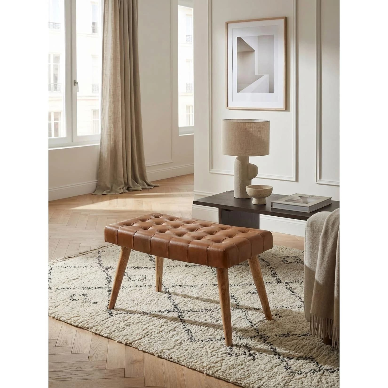 KADIMA DESIGN Sitzhocker Chesterfield Mango Massivholz/Echtleder