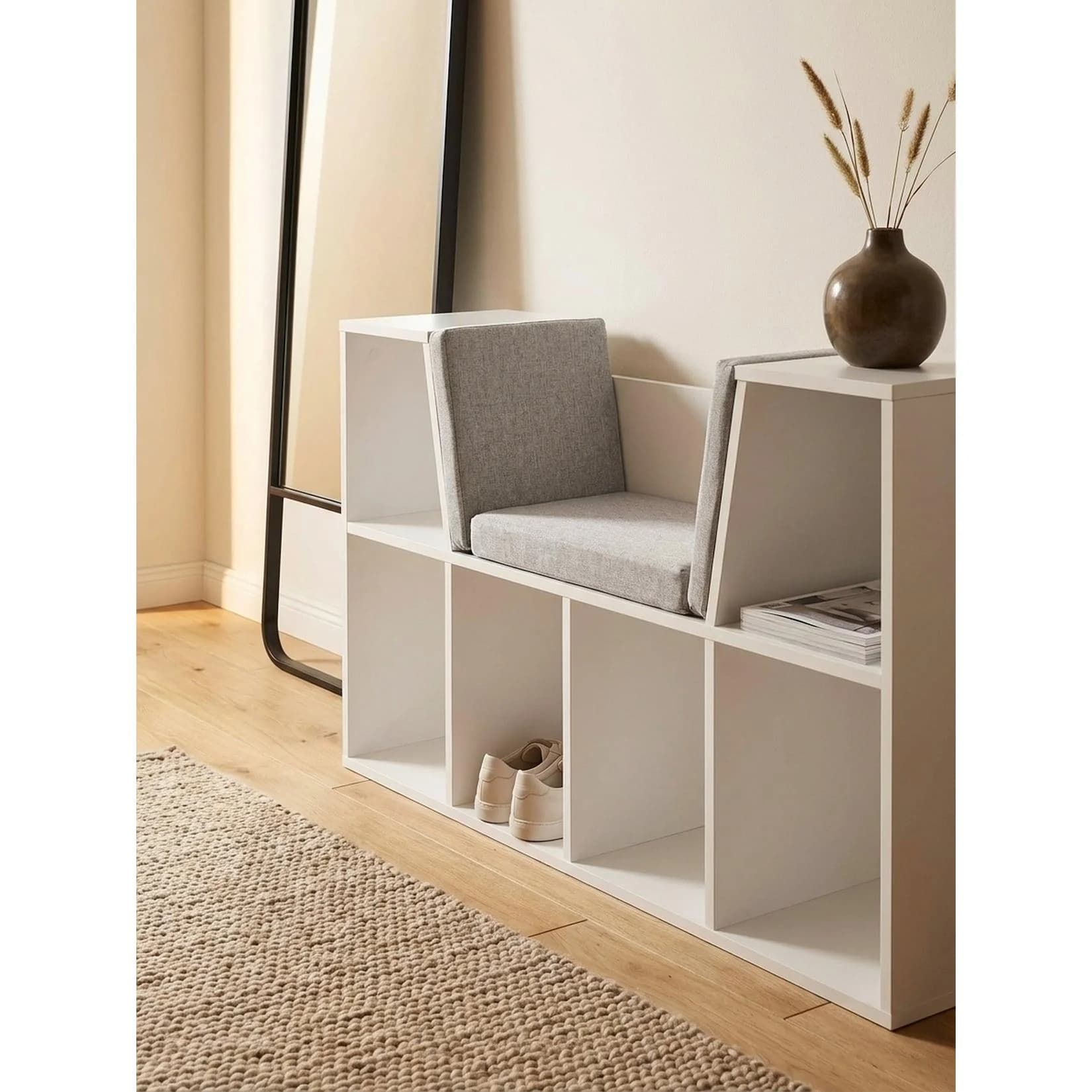 KADIMA DESIGN Regalbank Weiß Matt mit Sitzfläche Grau 6 Fächer
