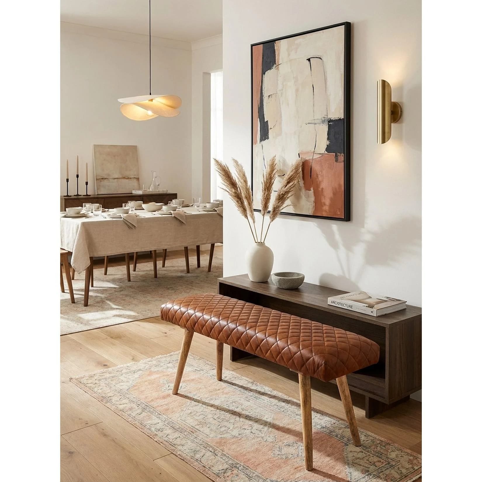 KADIMA DESIGN Sitzbank Leder Massivholz Braun ohne Lehne