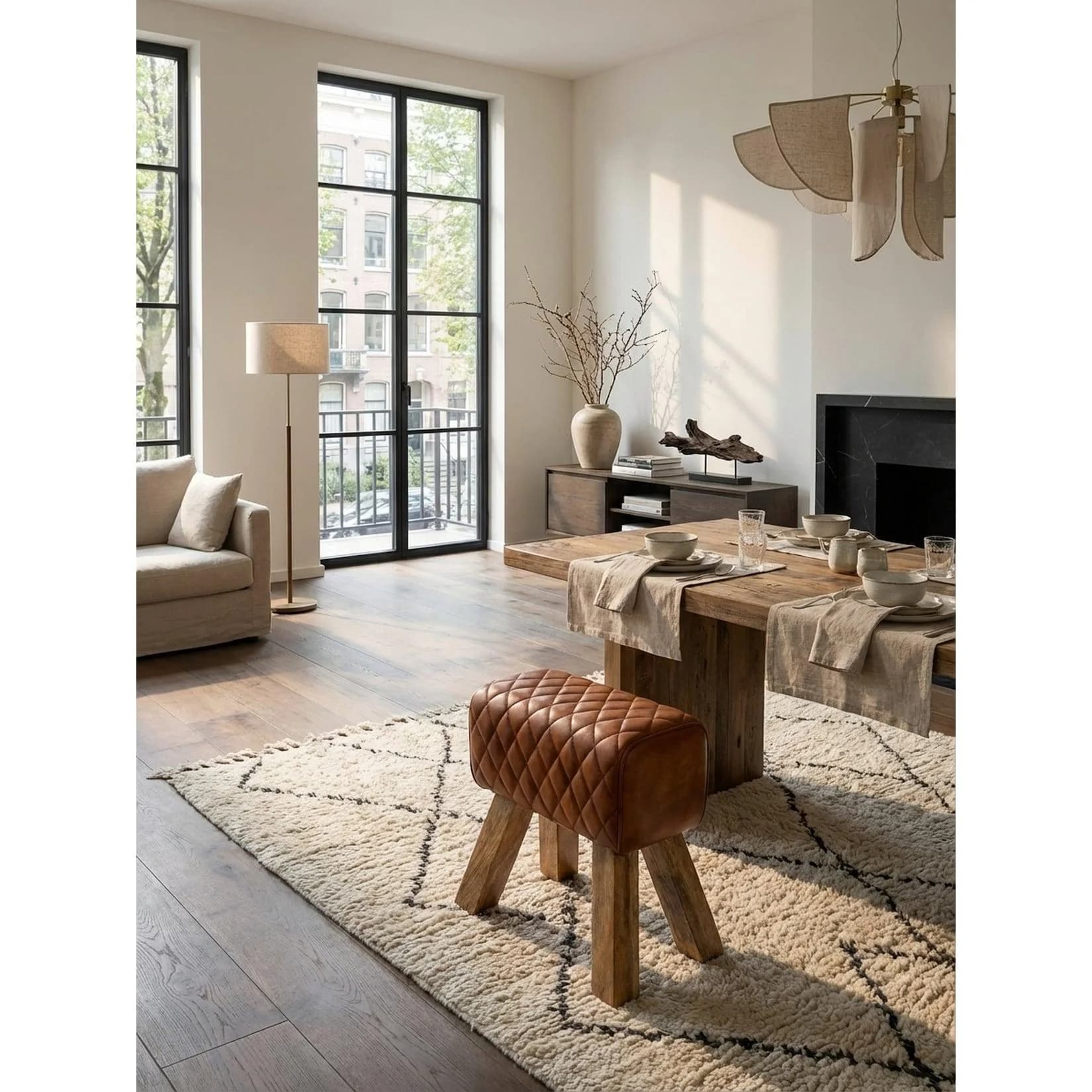KADIMA DESIGN Sitzhocker Echtleder Massivholz Turnbock-Design
