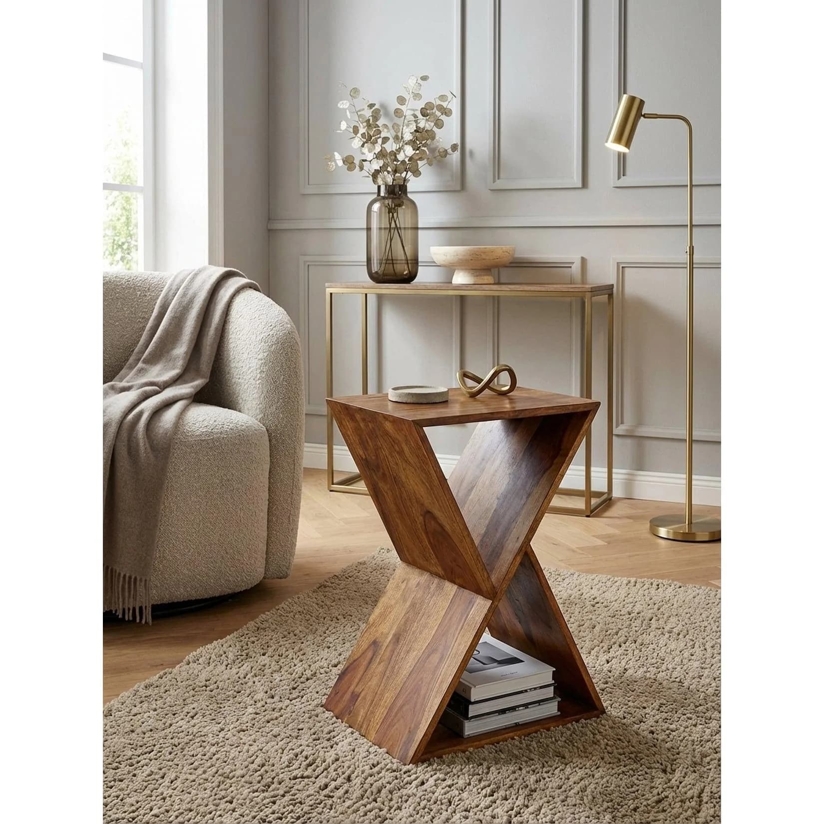 KADIMA DESIGN Beistelltisch Massivholz X-Form Braun