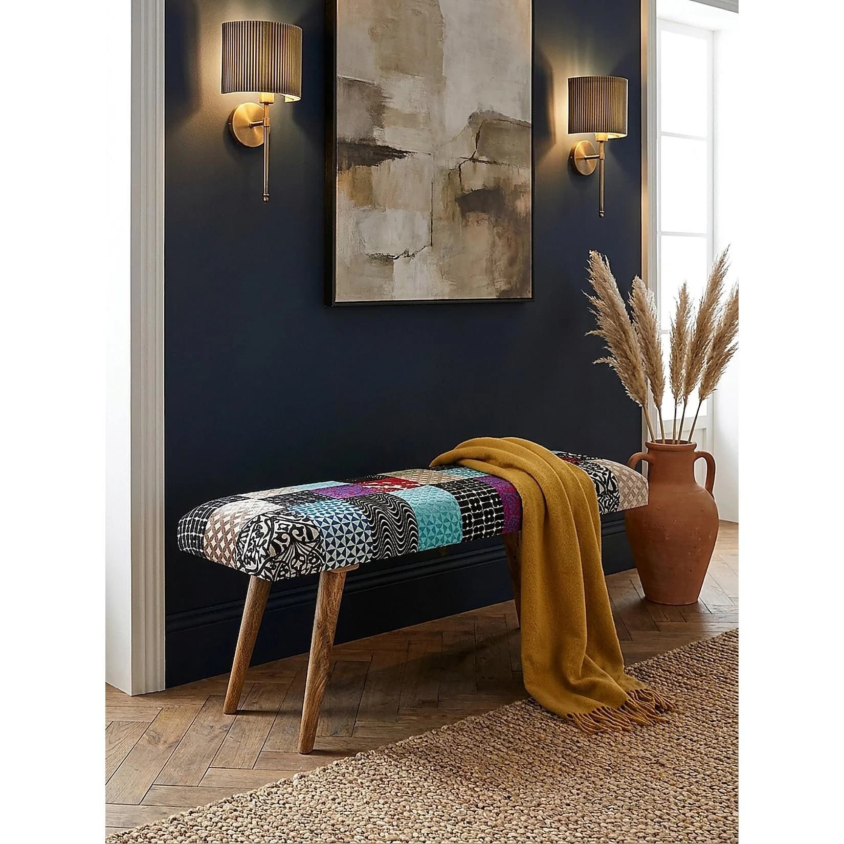 KADIMA DESIGN Sitzbank Samt Massivholz Patchwork 117x51x38 cm