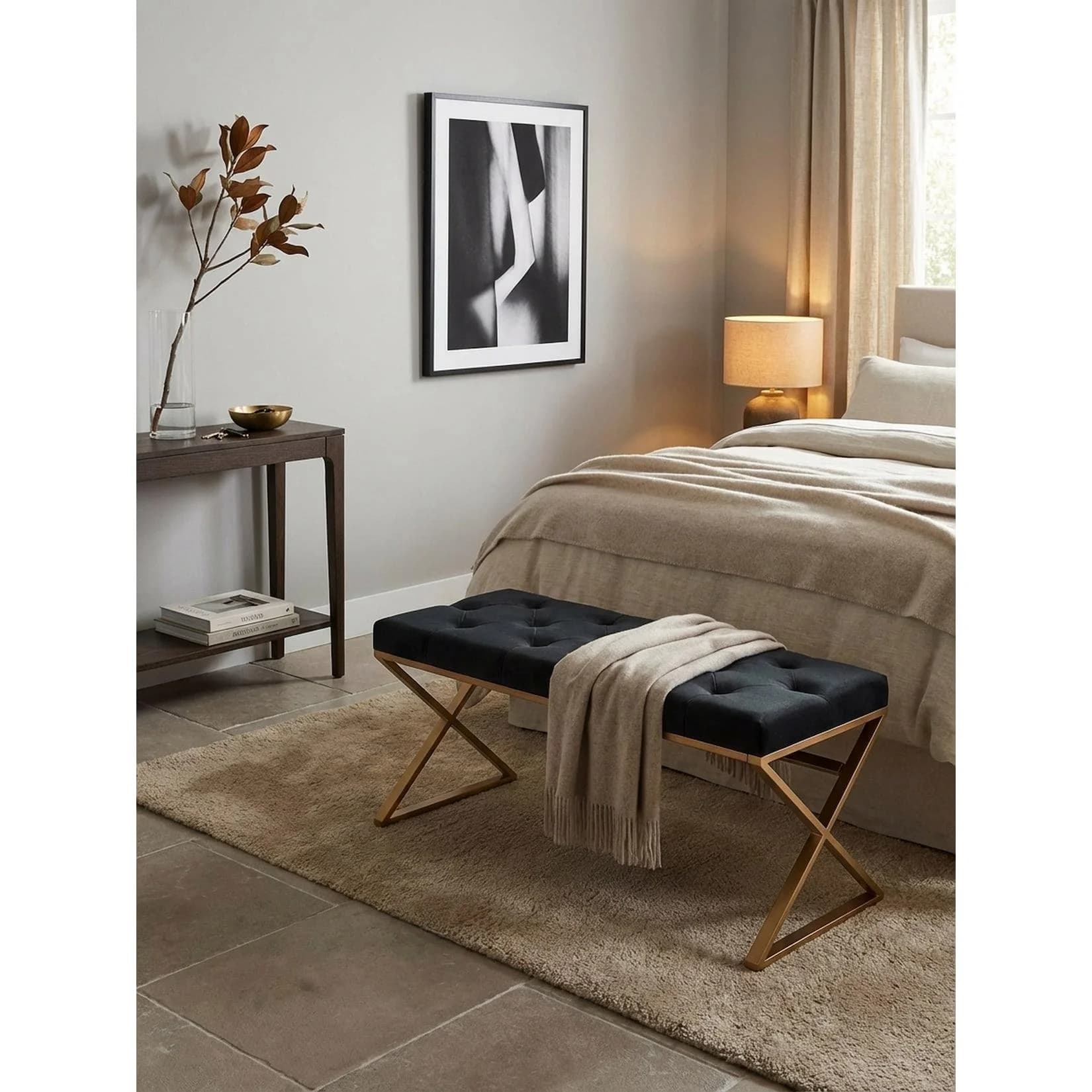 KADIMA DESIGN Sitzbank Samt Metall Schwarz Chesterfield-Stil